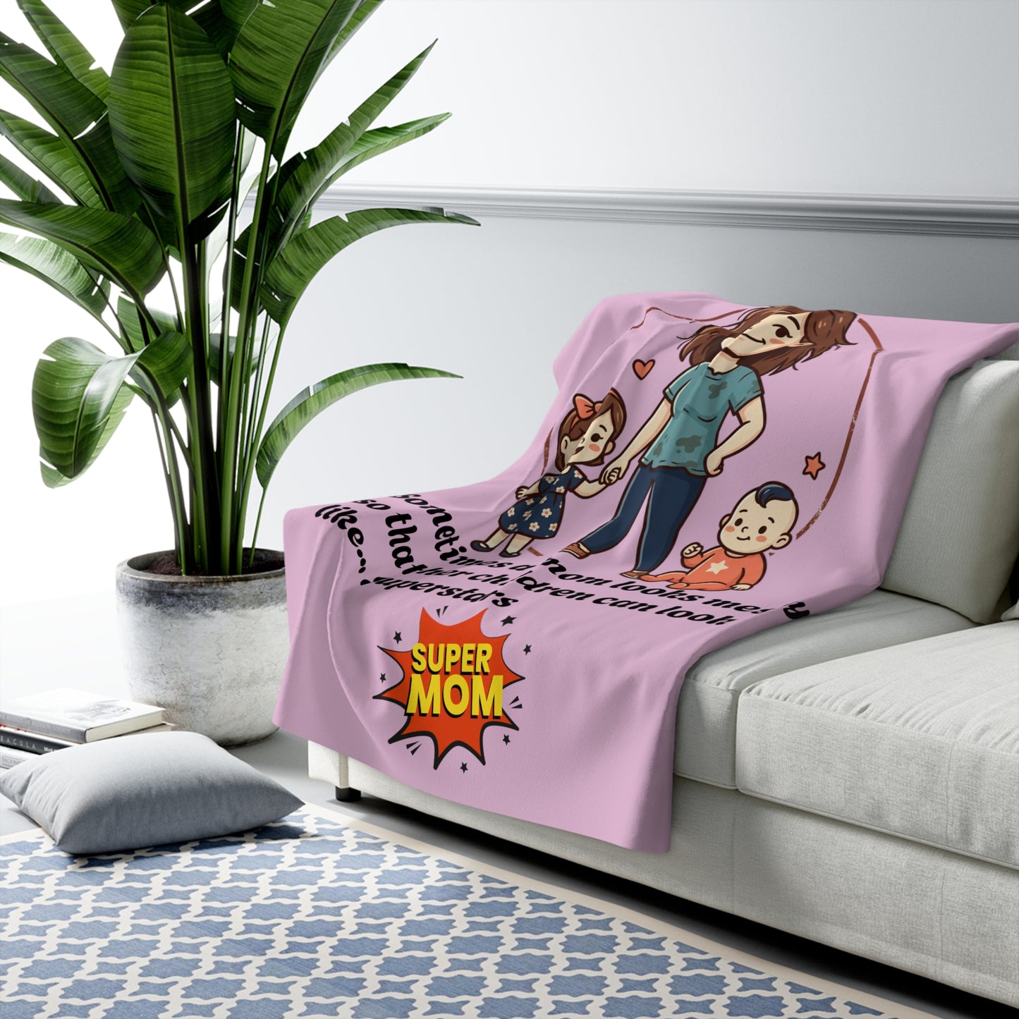 Super Mom Fleece Blanket | mom quote, messy mom illustration