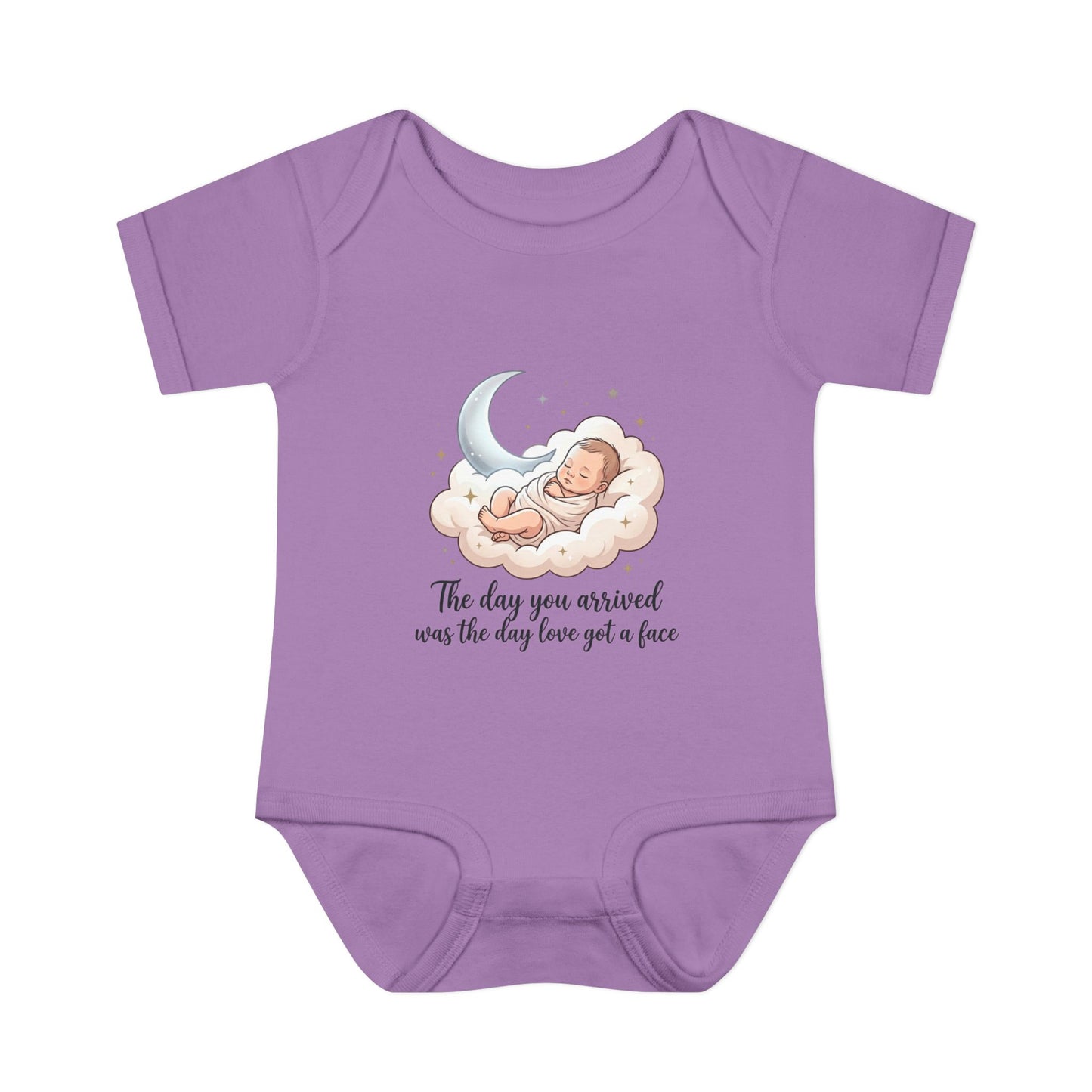 Infant Bodysuit — "The day you arrived was the day love got a face" Cute Sleeping Baby Moon Design
