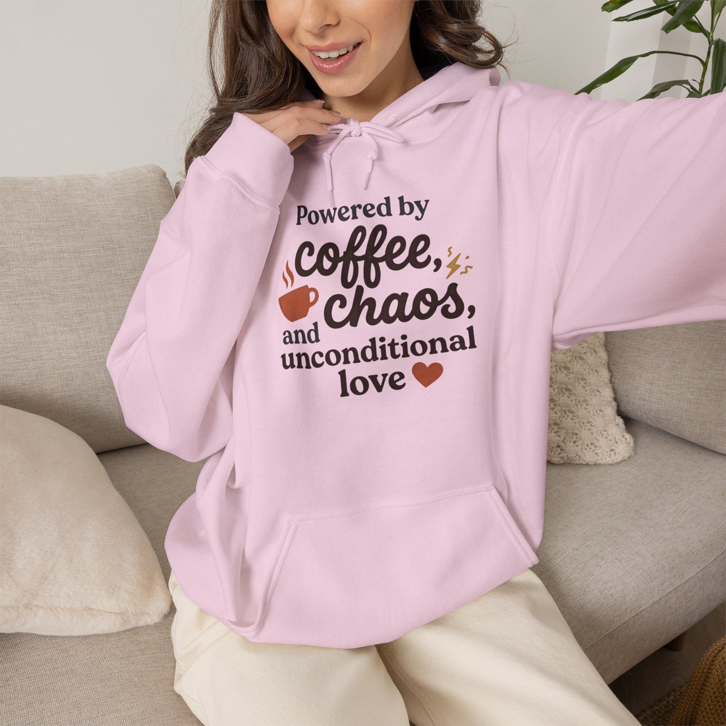 Hoodie — "Powered by Coffee, Chaos, and Unconditional Love" Cozy Graphic Pullover