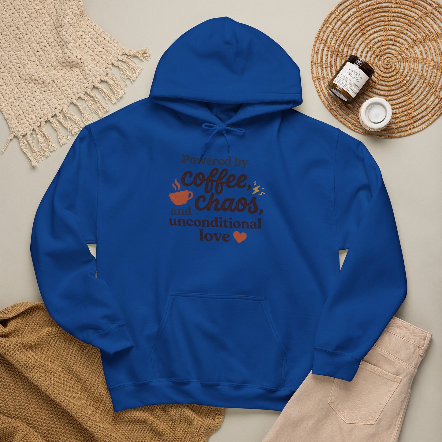 Hoodie — "Powered by Coffee, Chaos, and Unconditional Love" Cozy Graphic Pullover
