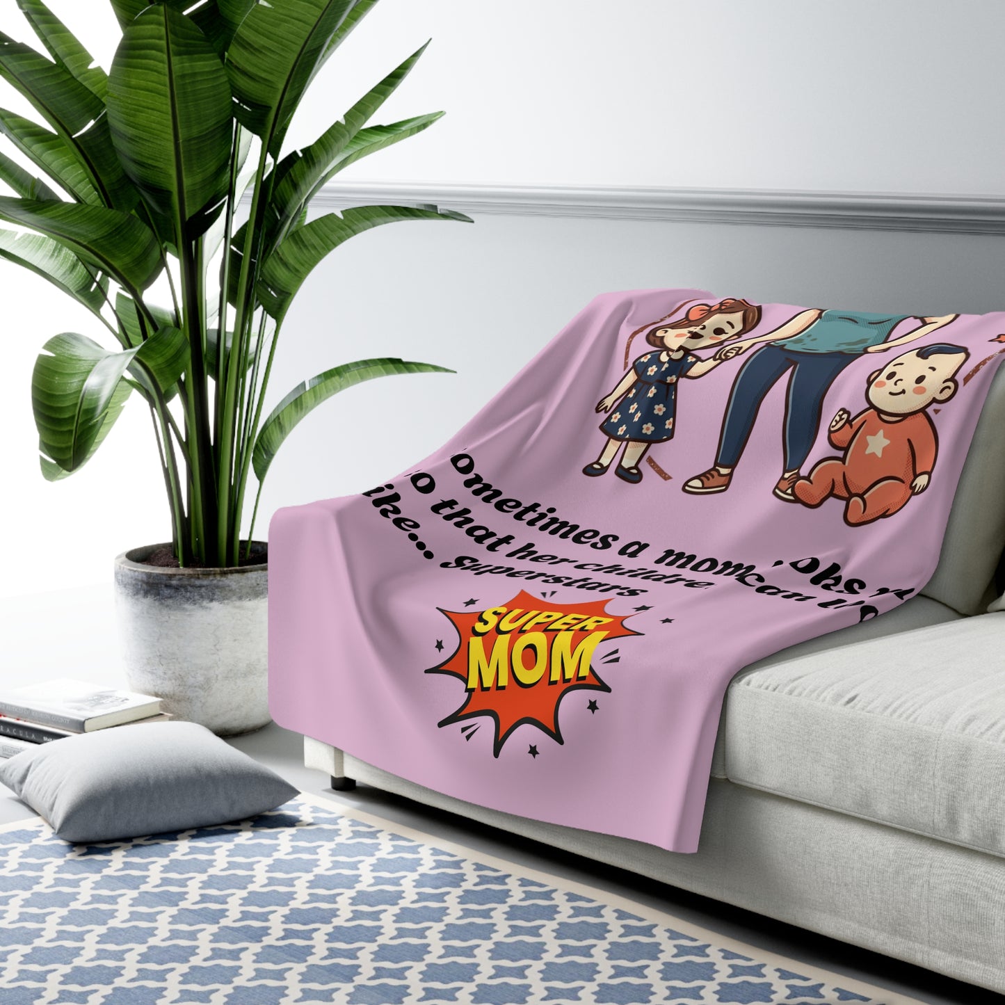 Super Mom Fleece Blanket | mom quote, messy mom illustration