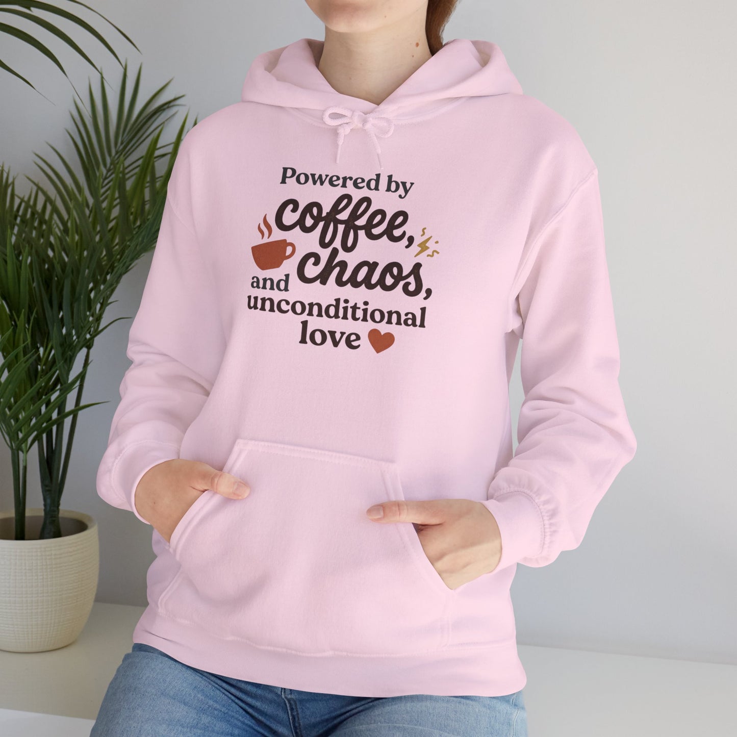Hoodie — "Powered by Coffee, Chaos, and Unconditional Love" Cozy Graphic Pullover