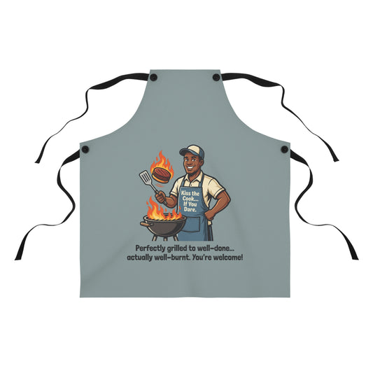 Apron — Funny Grilling Dad BBQ Apron: "Perfectly grilled to well-done... actually well-burnt. You're welcome!"