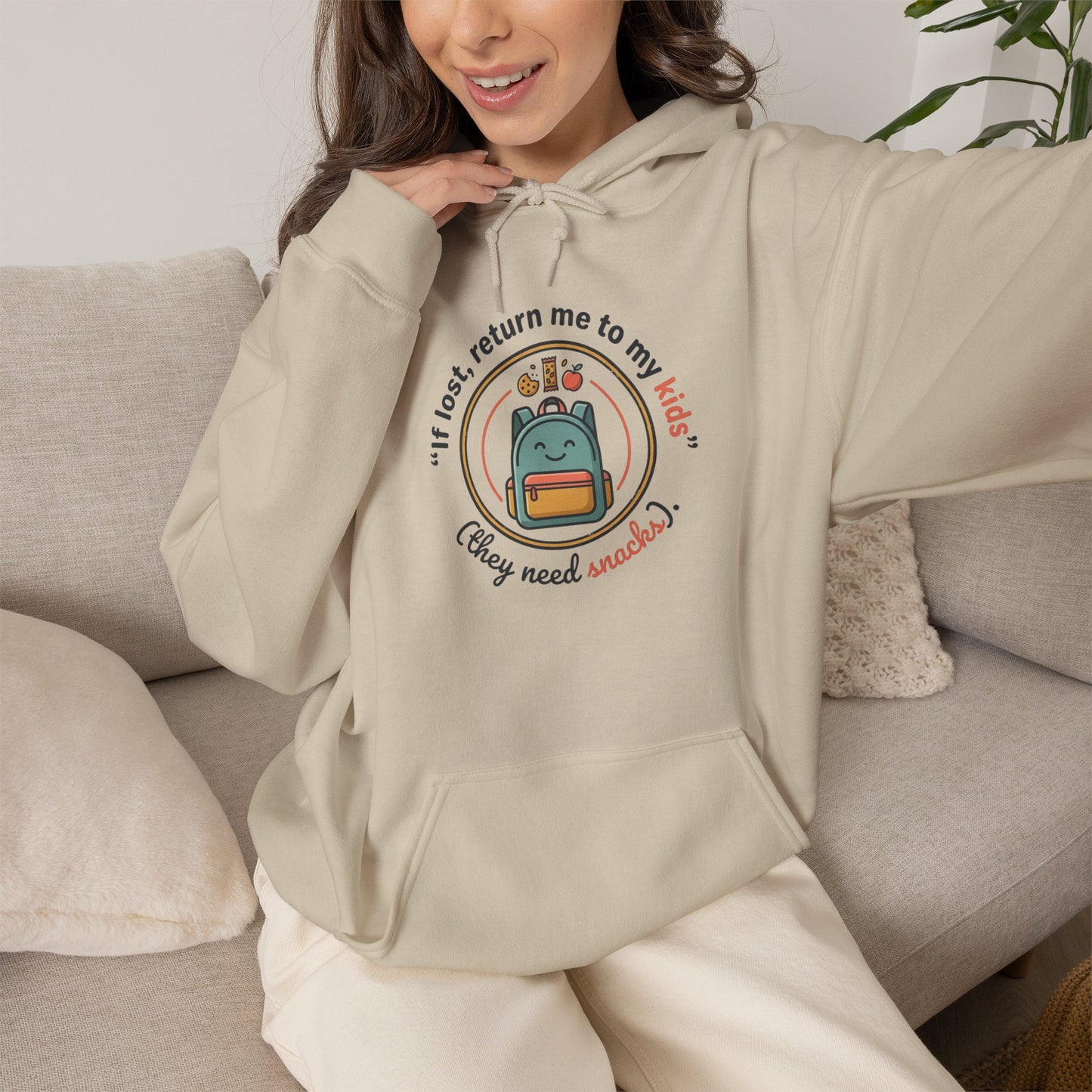Hoodie — "If Lost, Return Me to My Kids (They need snacks)" Cute Kawaii Backpack Graphic