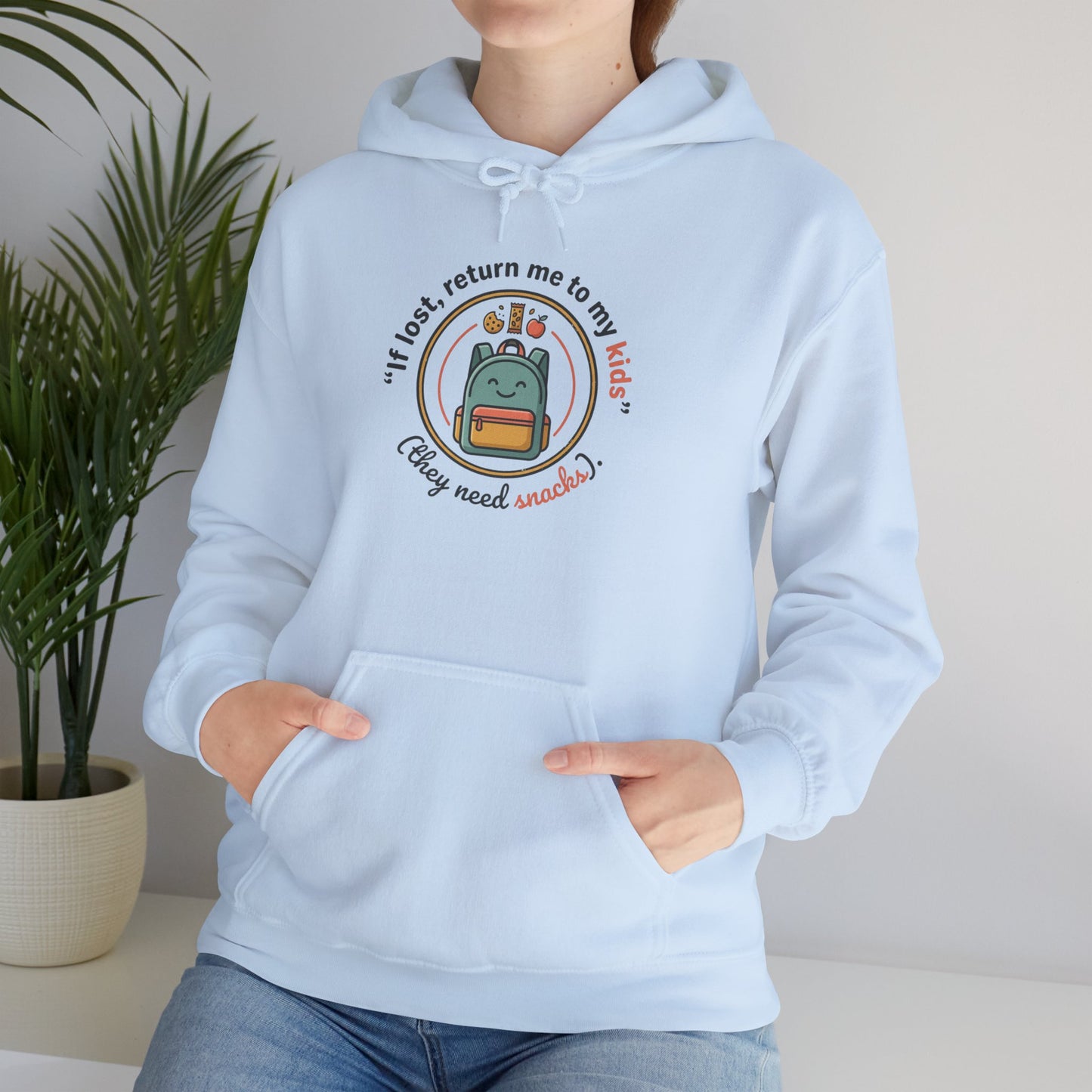 Hoodie — "If Lost, Return Me to My Kids (They need snacks)" Cute Kawaii Backpack Graphic