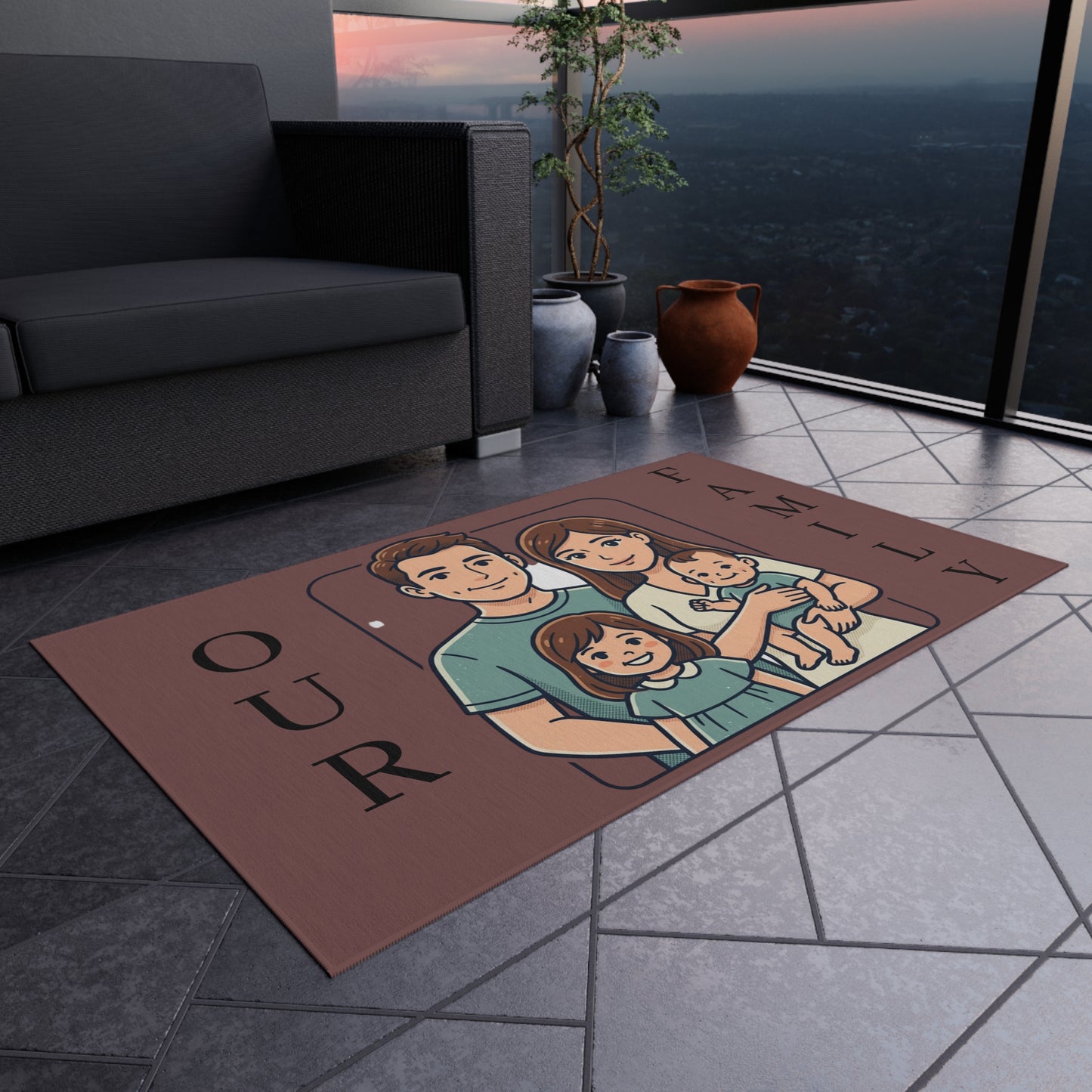 Personalized Family In/Outdoor Rug - 'Our Family' Illustrated Portrait Doormat