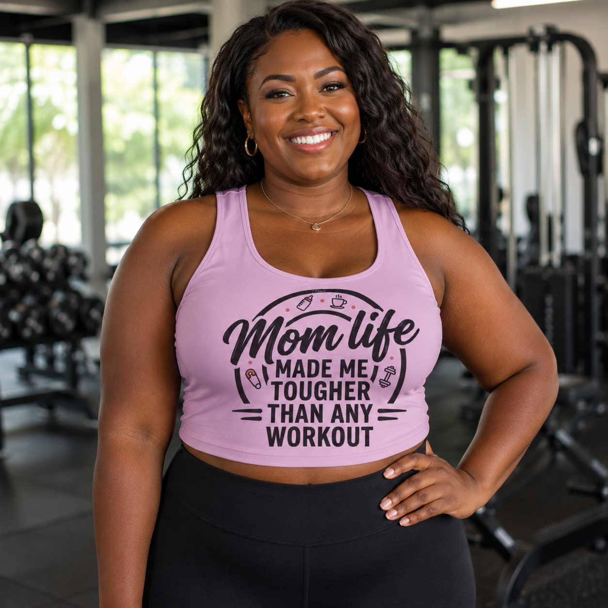 Mom Life Sports Bra — “Mom Life Made Me Tougher Than Any Workout” Pink Athletic Crop