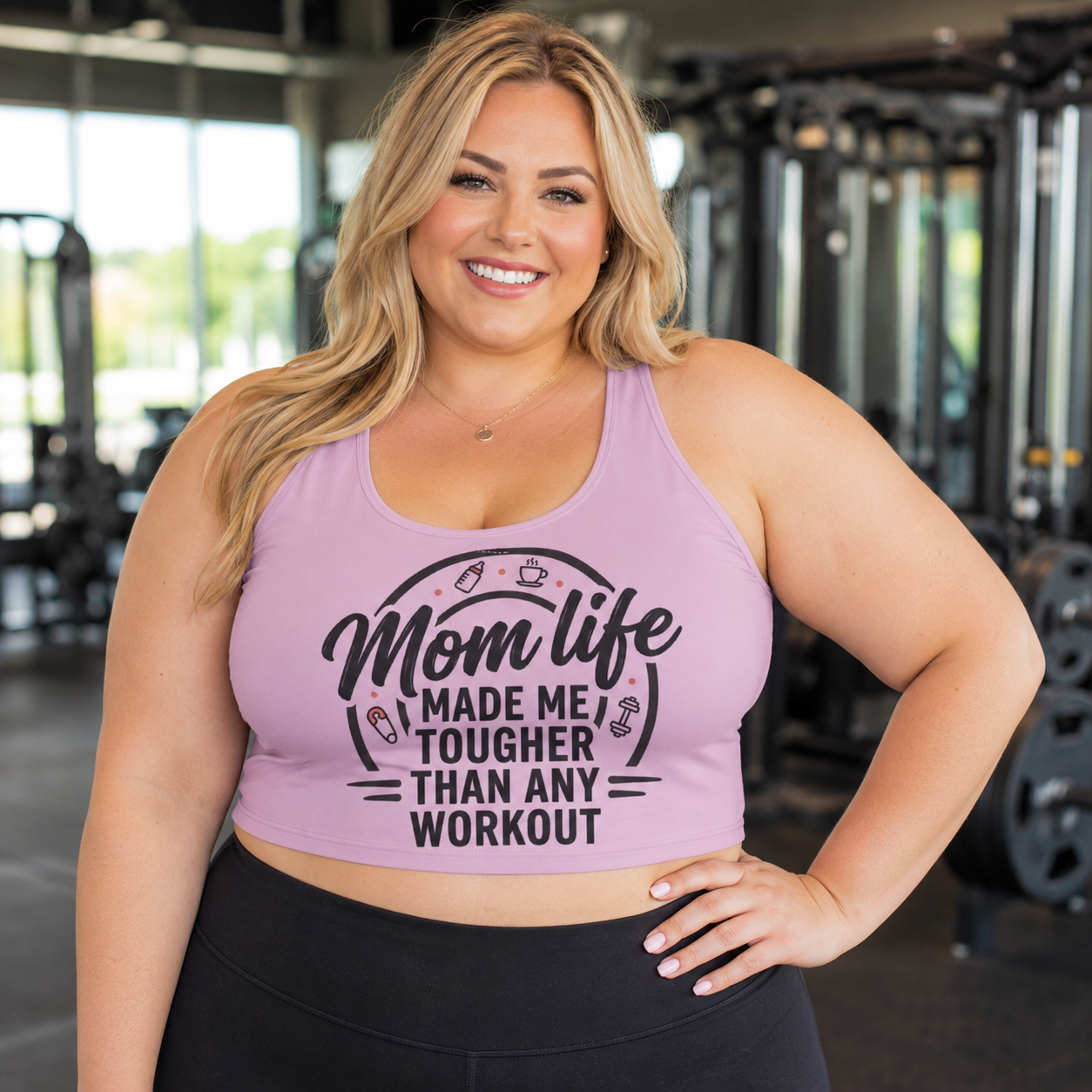 Mom Life Sports Bra — “Mom Life Made Me Tougher Than Any Workout” Pink Athletic Crop