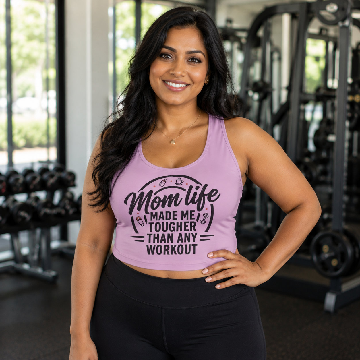 Mom Life Sports Bra — “Mom Life Made Me Tougher Than Any Workout” Pink Athletic Crop