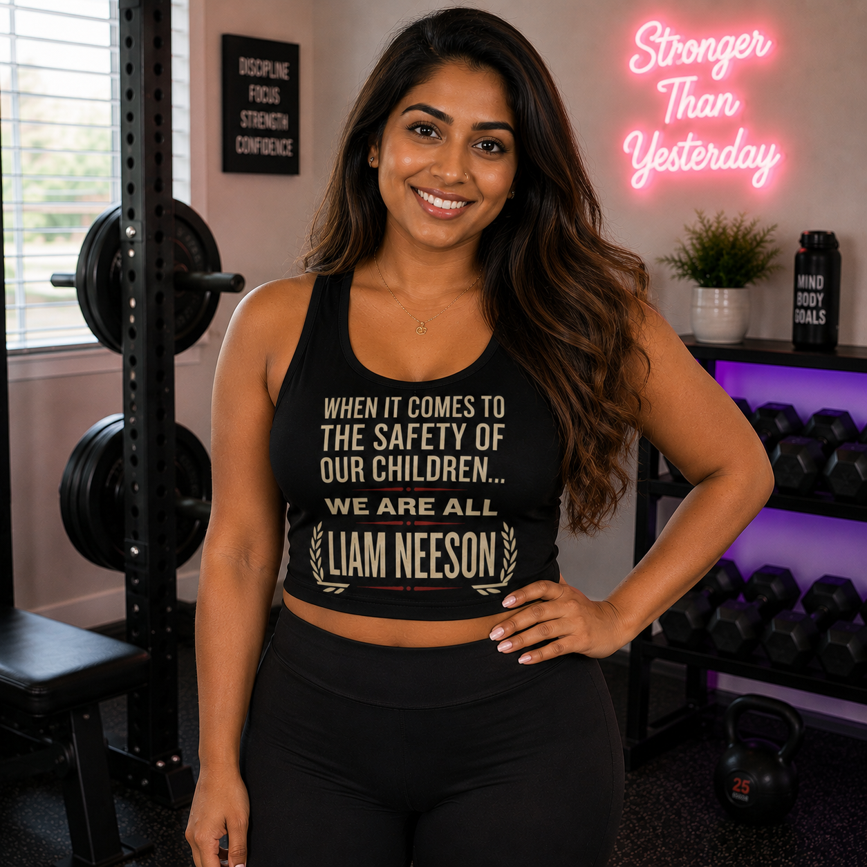 Sports Bra — "When It Comes to the Safety of Our Children... We Are All Liam Neeson" Motivational Fitness Top