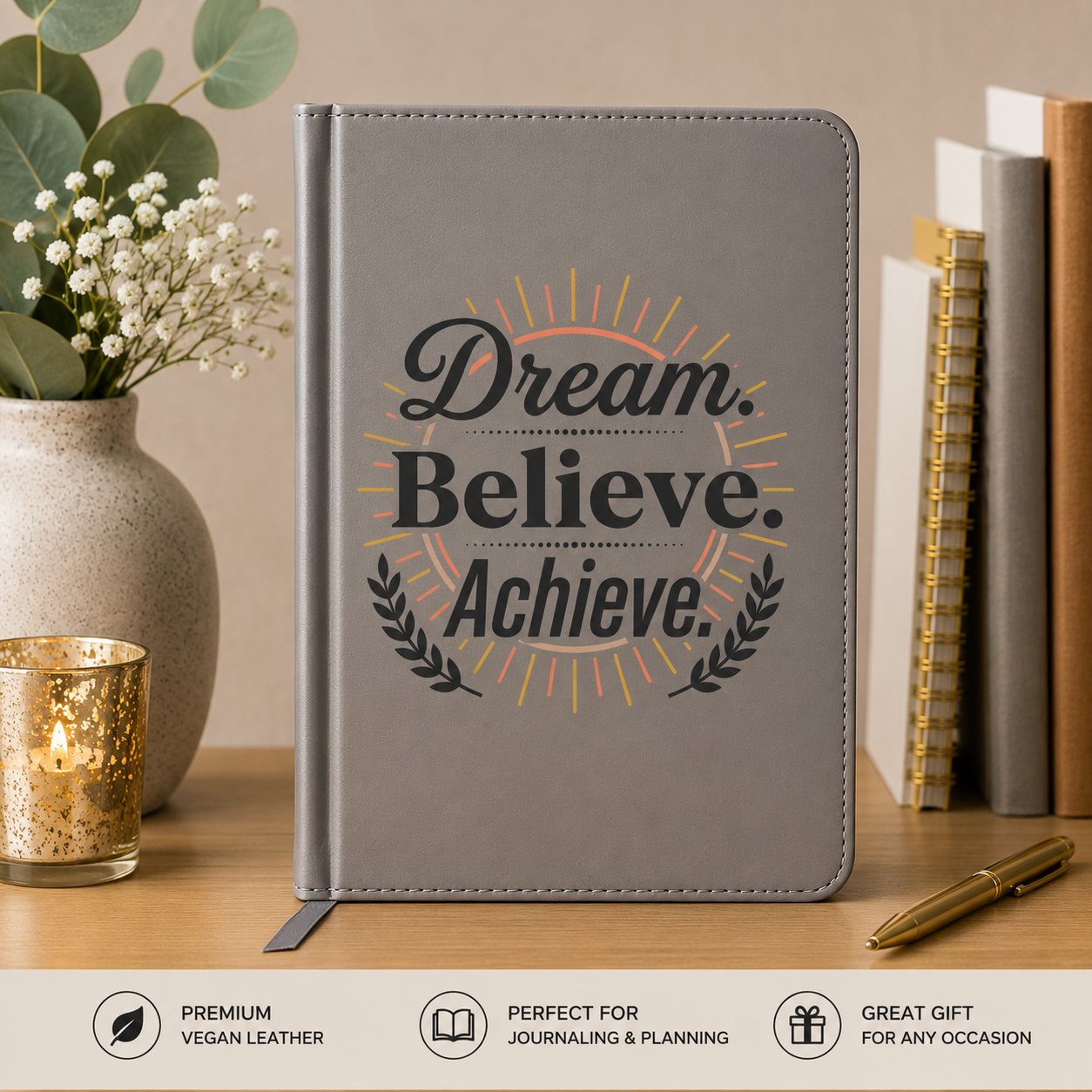 Dream. Believe. Achieve. Vegan Leather Journal – Engraved Motivational Notebook