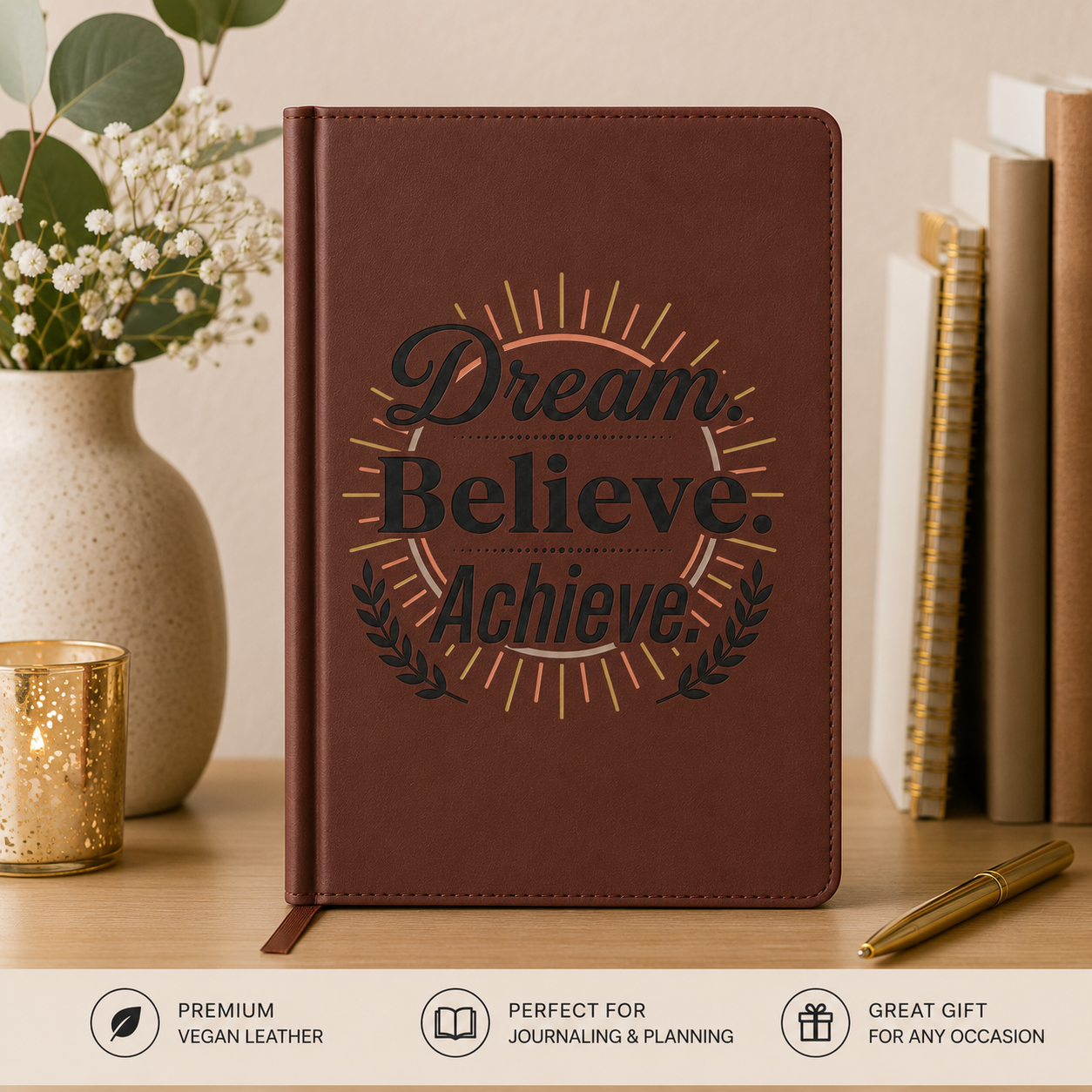Dream. Believe. Achieve. Vegan Leather Journal – Engraved Motivational Notebook