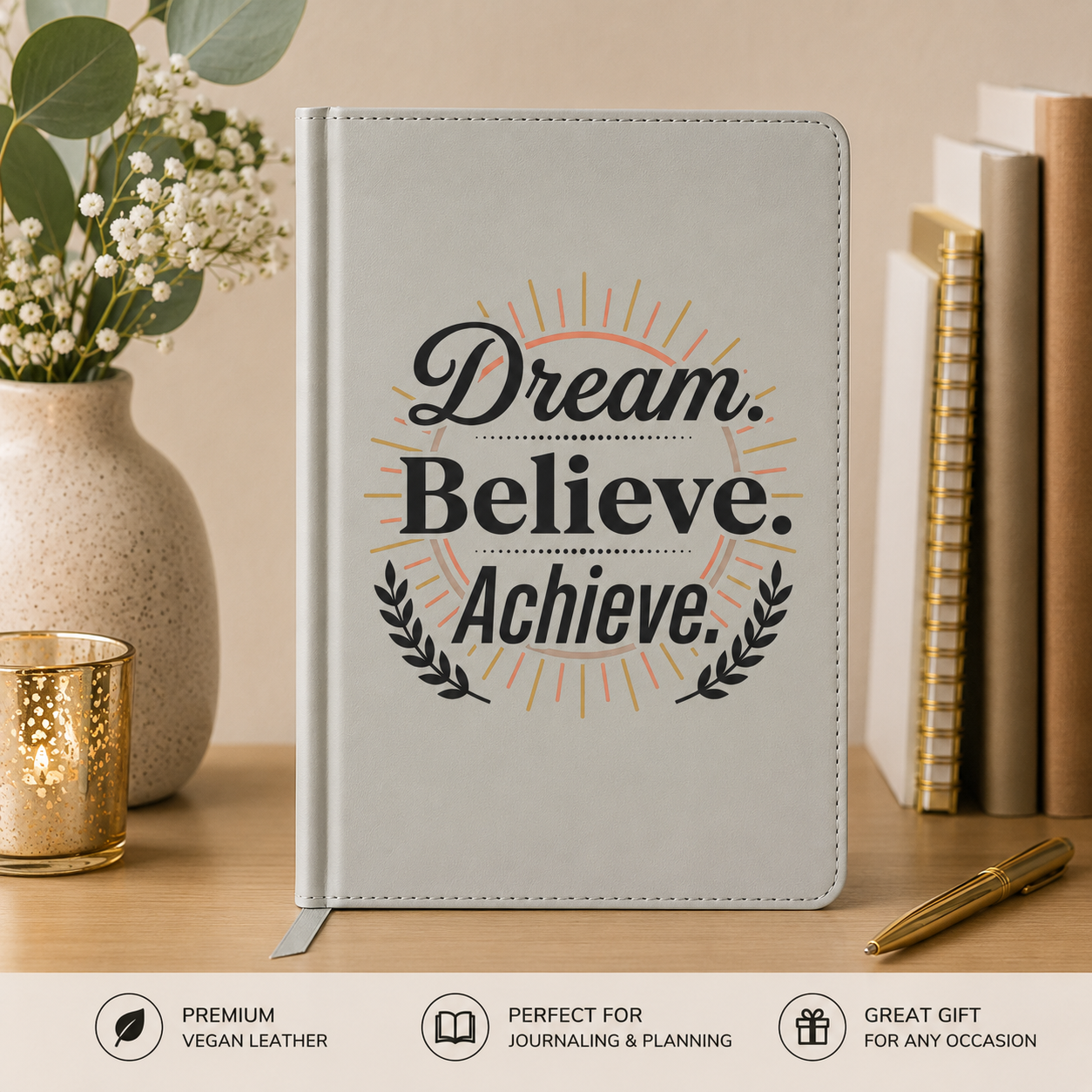 Dream. Believe. Achieve. Vegan Leather Journal – Engraved Motivational Notebook