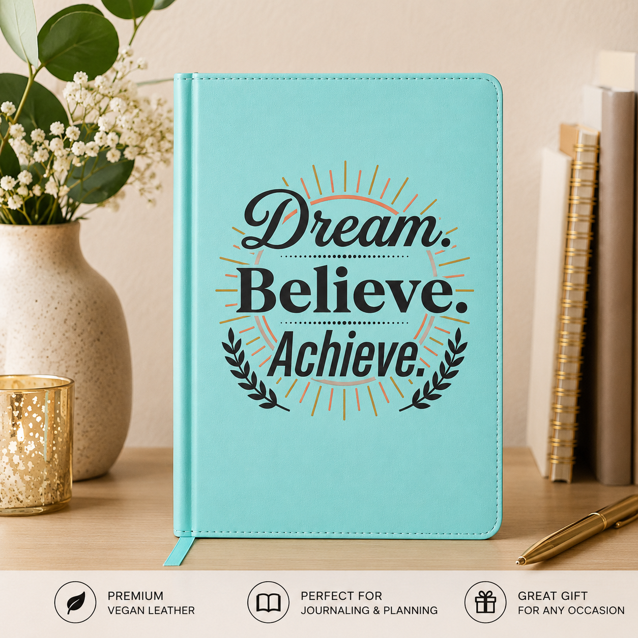 Dream. Believe. Achieve. Vegan Leather Journal – Engraved Motivational Notebook