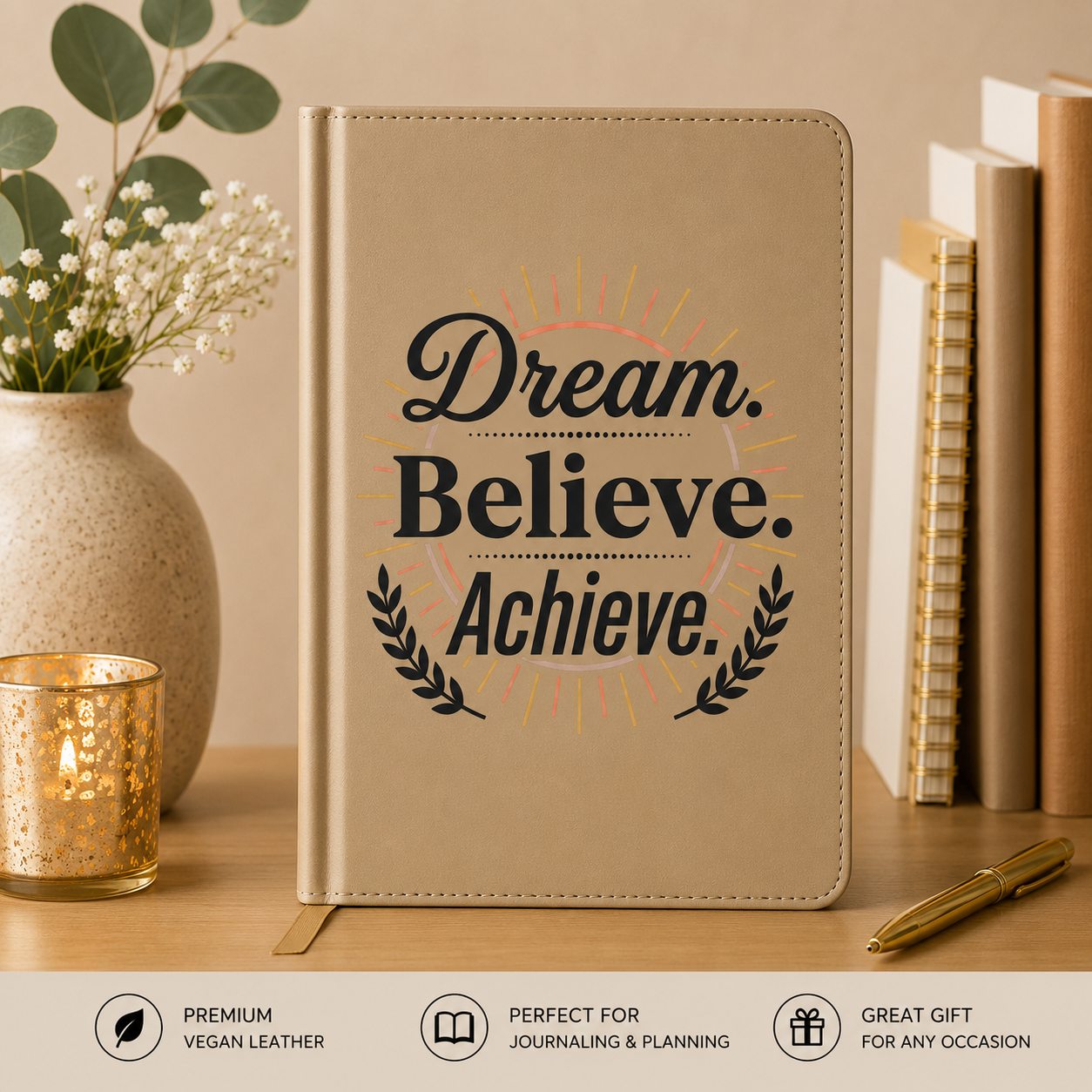Dream. Believe. Achieve. Vegan Leather Journal – Engraved Motivational Notebook