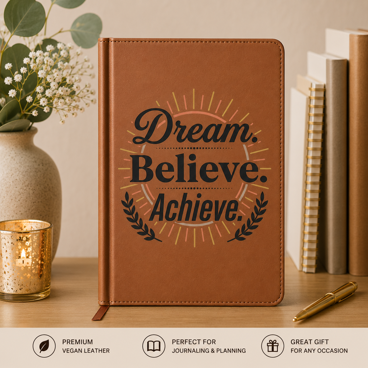 Dream. Believe. Achieve. Vegan Leather Journal – Engraved Motivational Notebook