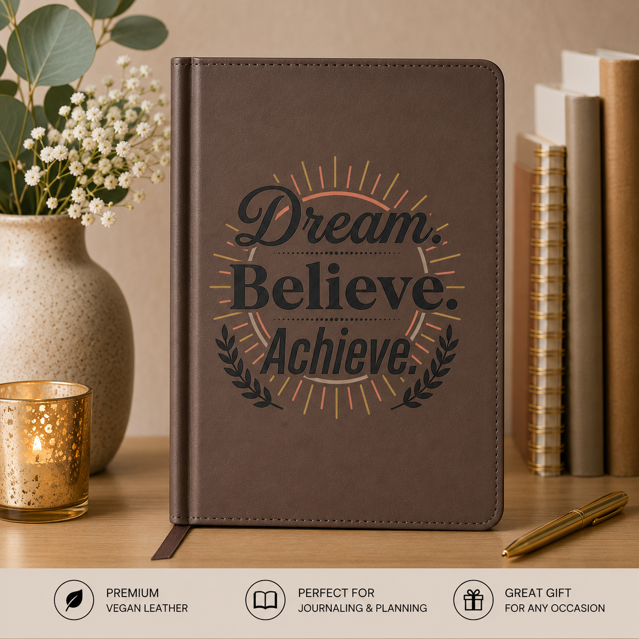 Dream. Believe. Achieve. Vegan Leather Journal – Engraved Motivational Notebook