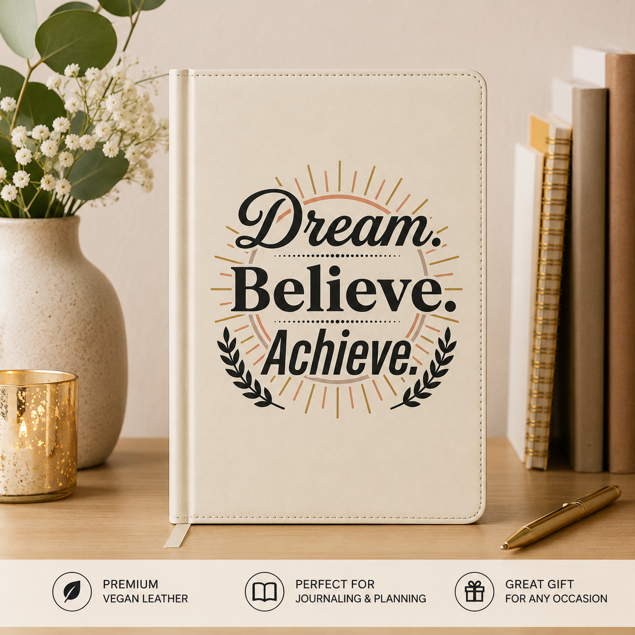 Dream. Believe. Achieve. Vegan Leather Journal – Engraved Motivational Notebook