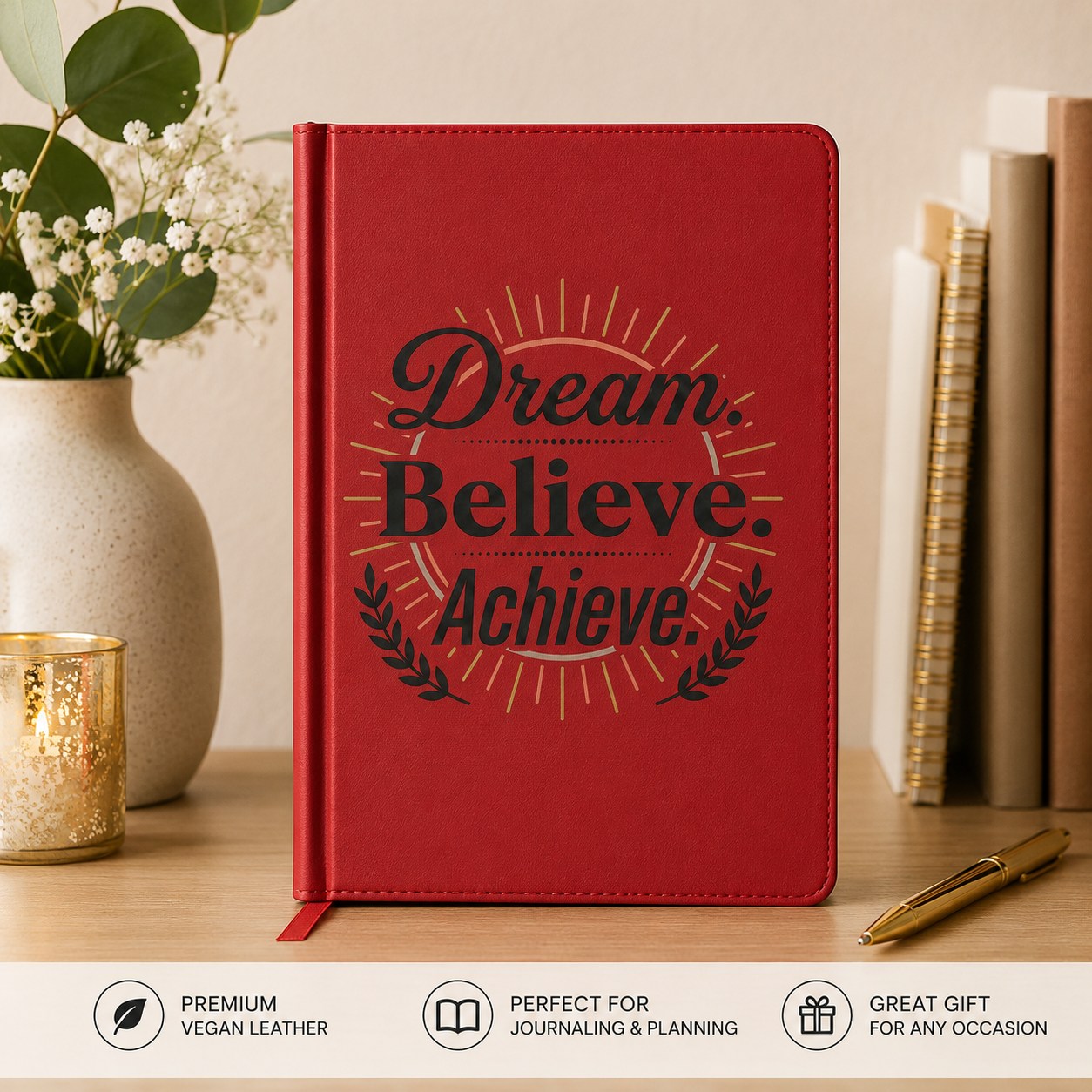 Dream. Believe. Achieve. Vegan Leather Journal – Engraved Motivational Notebook