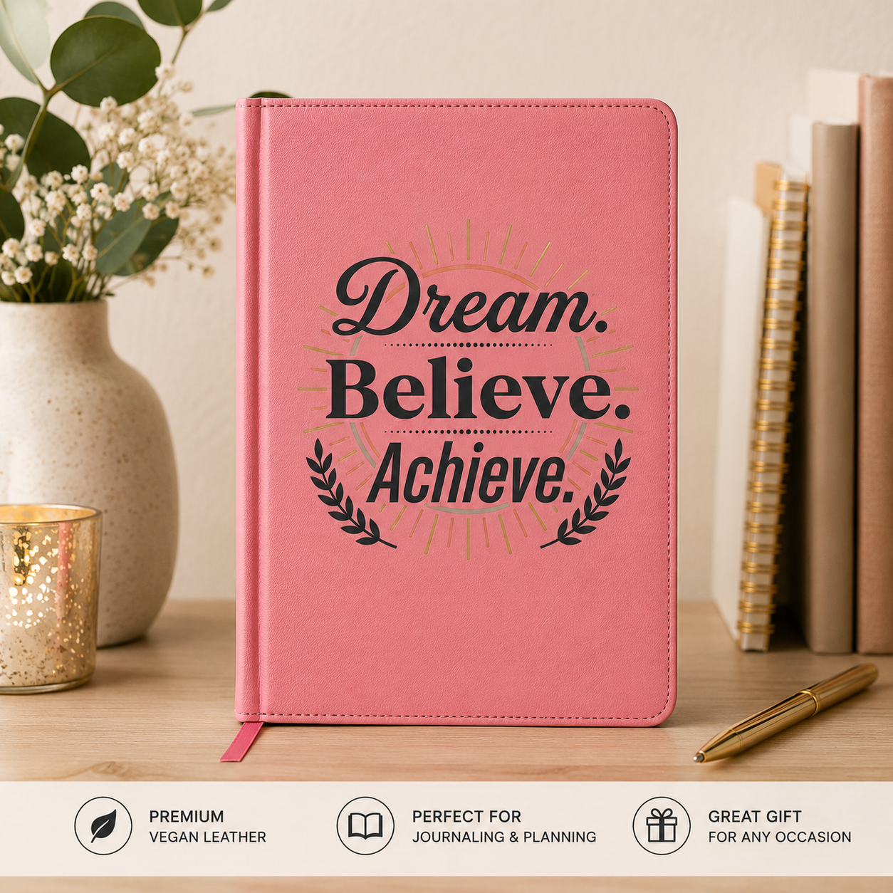 Dream. Believe. Achieve. Vegan Leather Journal – Engraved Motivational Notebook