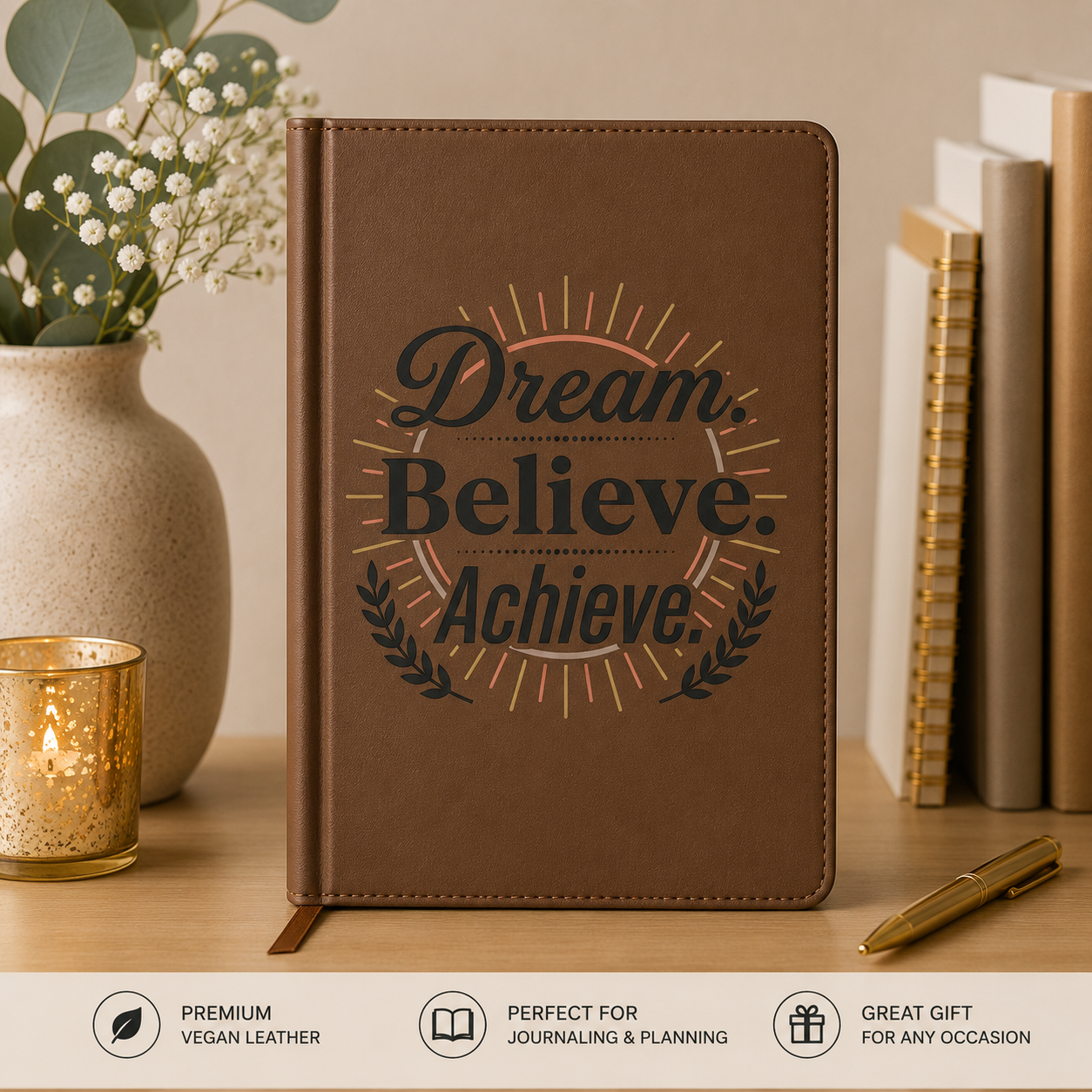 Dream. Believe. Achieve. Vegan Leather Journal – Engraved Motivational Notebook