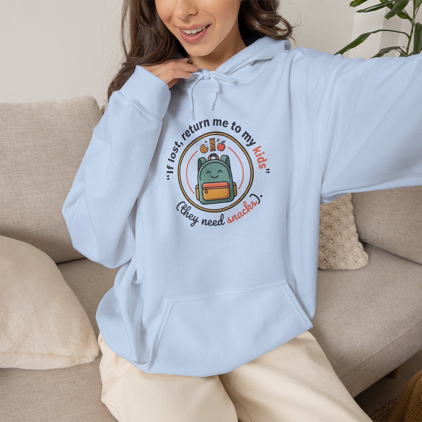 Hoodie — "If Lost, Return Me to My Kids (They need snacks)" Cute Kawaii Backpack Graphic