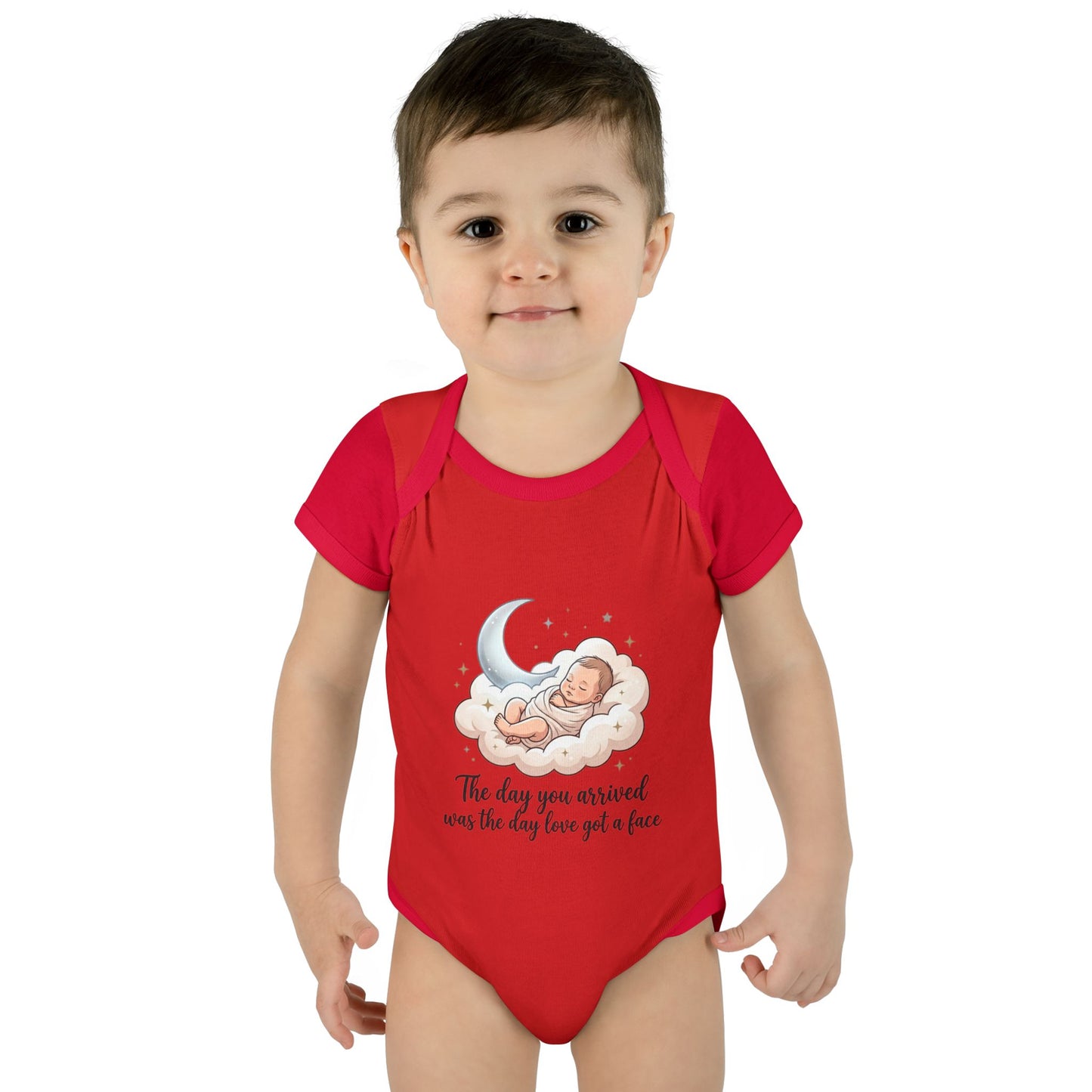 Infant Bodysuit — "The day you arrived was the day love got a face" Cute Sleeping Baby Moon Design