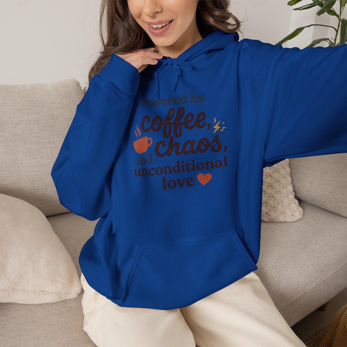Hoodie — "Powered by Coffee, Chaos, and Unconditional Love" Cozy Graphic Pullover