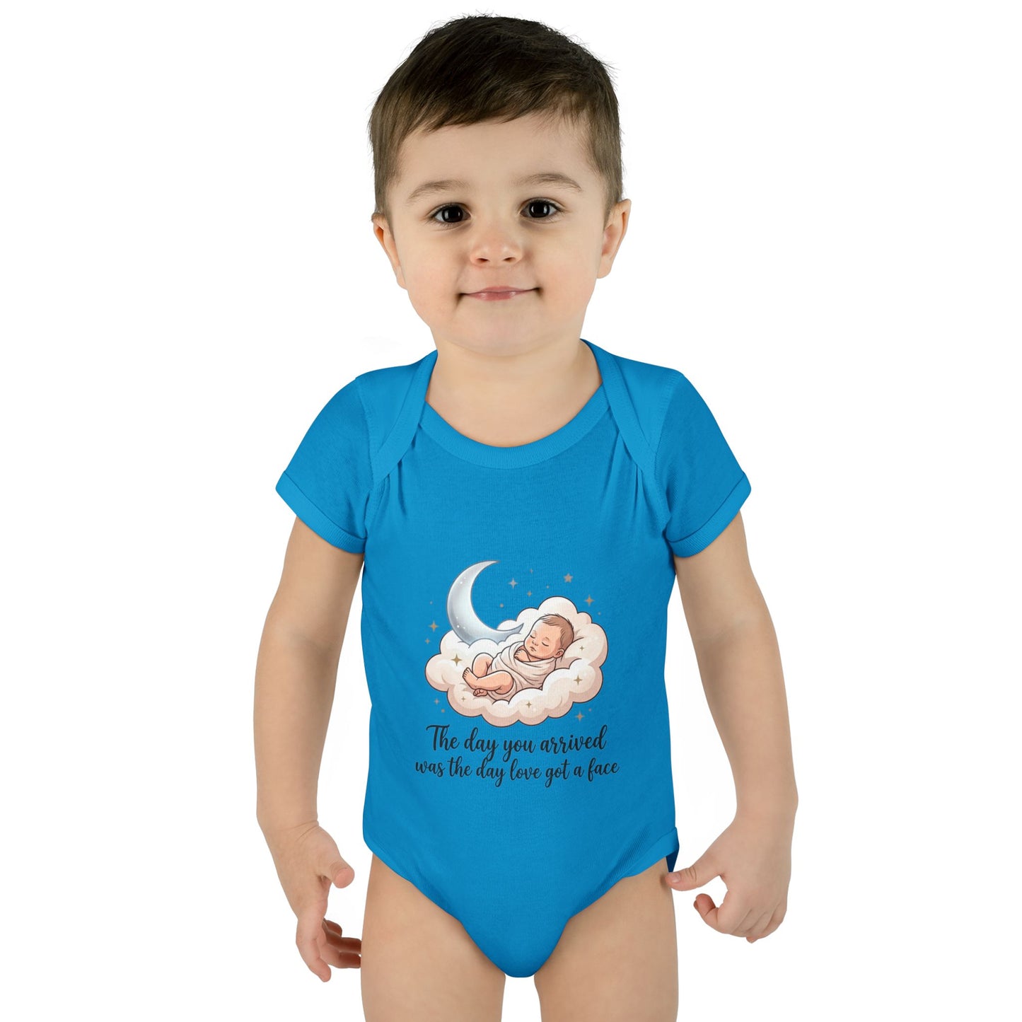 Infant Bodysuit — "The day you arrived was the day love got a face" Cute Sleeping Baby Moon Design