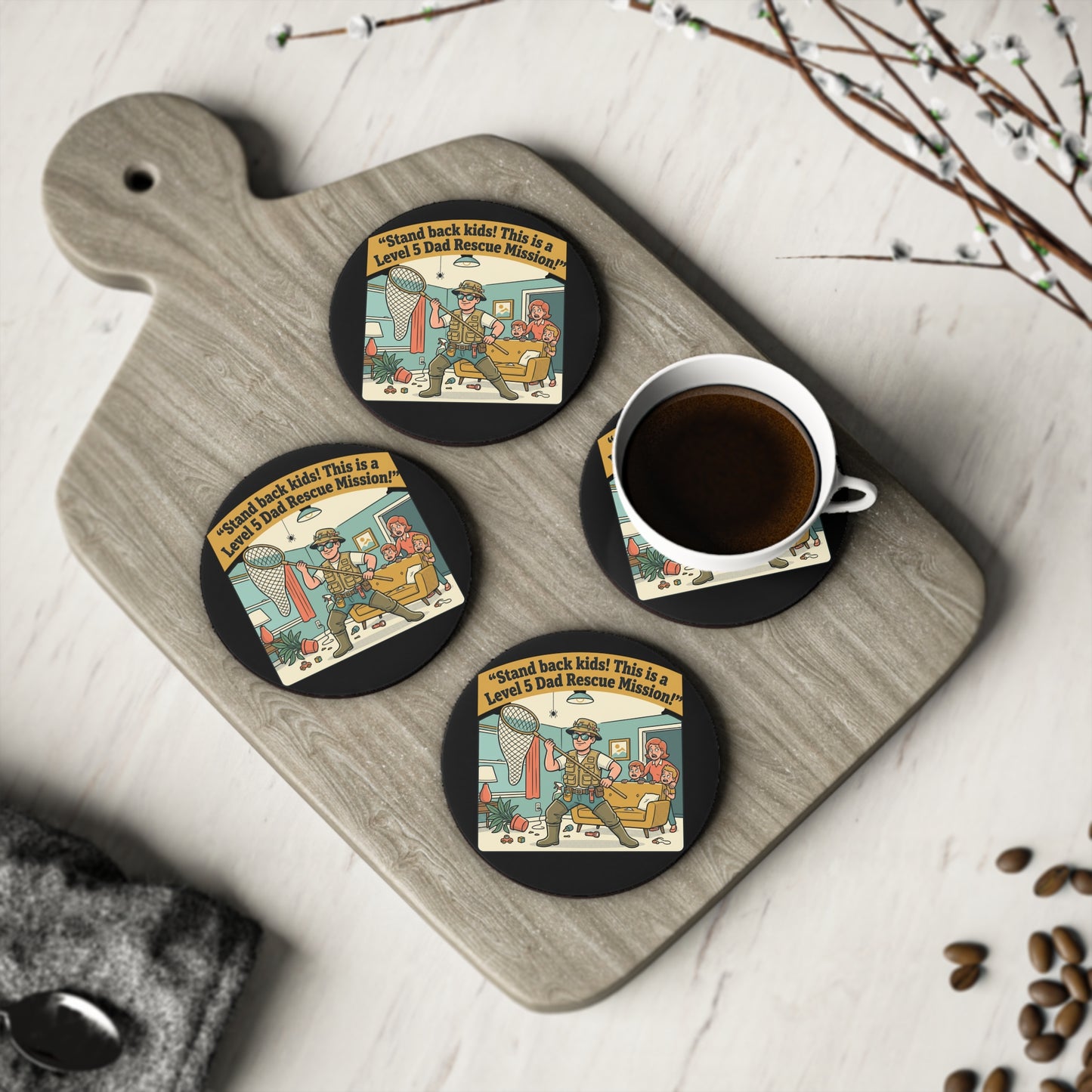 Coaster — "Stand Back Kids! This is a Level 5 Dad Rescue Mission" Funny Dad Cartoon Drink Coaster