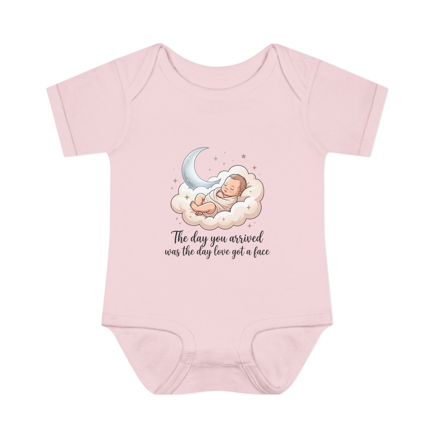 Infant Bodysuit — "The day you arrived was the day love got a face" Cute Sleeping Baby Moon Design