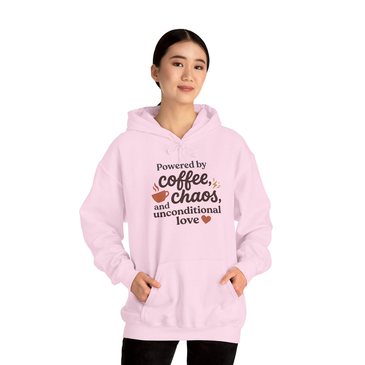 Hoodie — "Powered by Coffee, Chaos, and Unconditional Love" Cozy Graphic Pullover