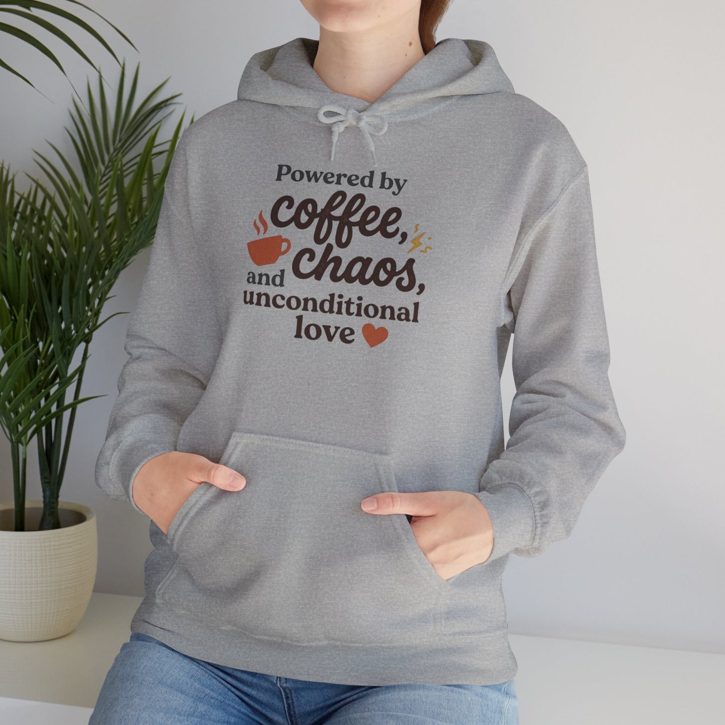 Hoodie — "Powered by Coffee, Chaos, and Unconditional Love" Cozy Graphic Pullover