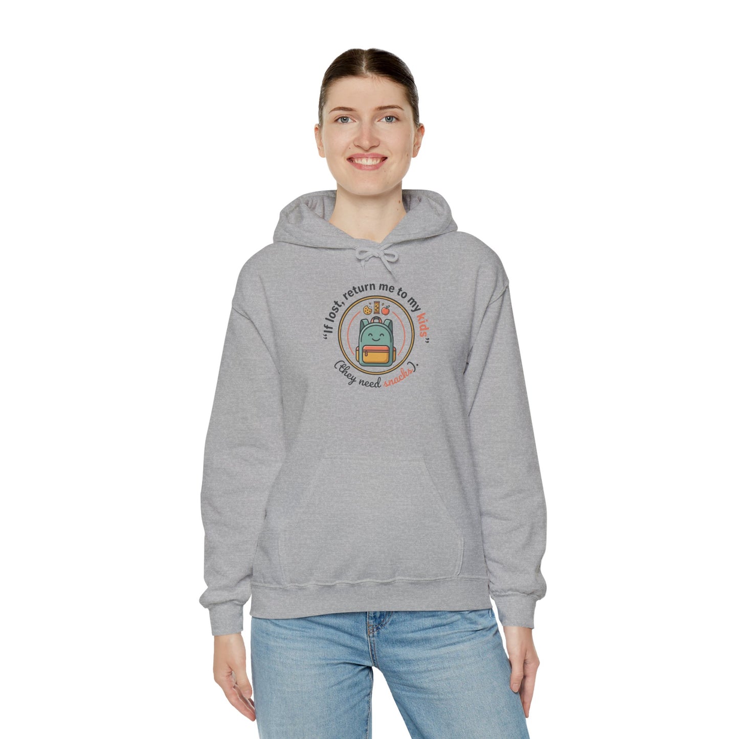Hoodie — "If Lost, Return Me to My Kids (They need snacks)" Cute Kawaii Backpack Graphic