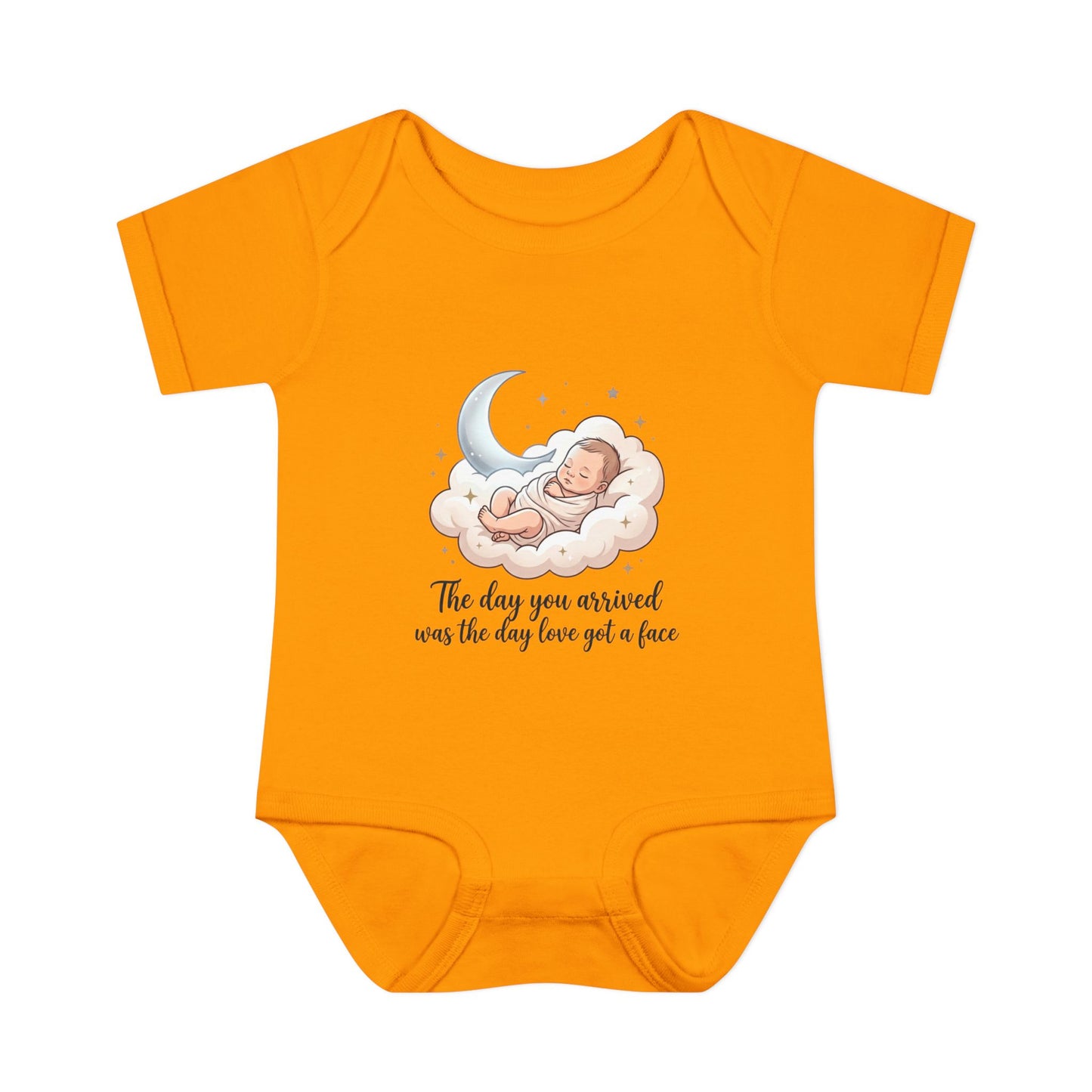Infant Bodysuit — "The day you arrived was the day love got a face" Cute Sleeping Baby Moon Design