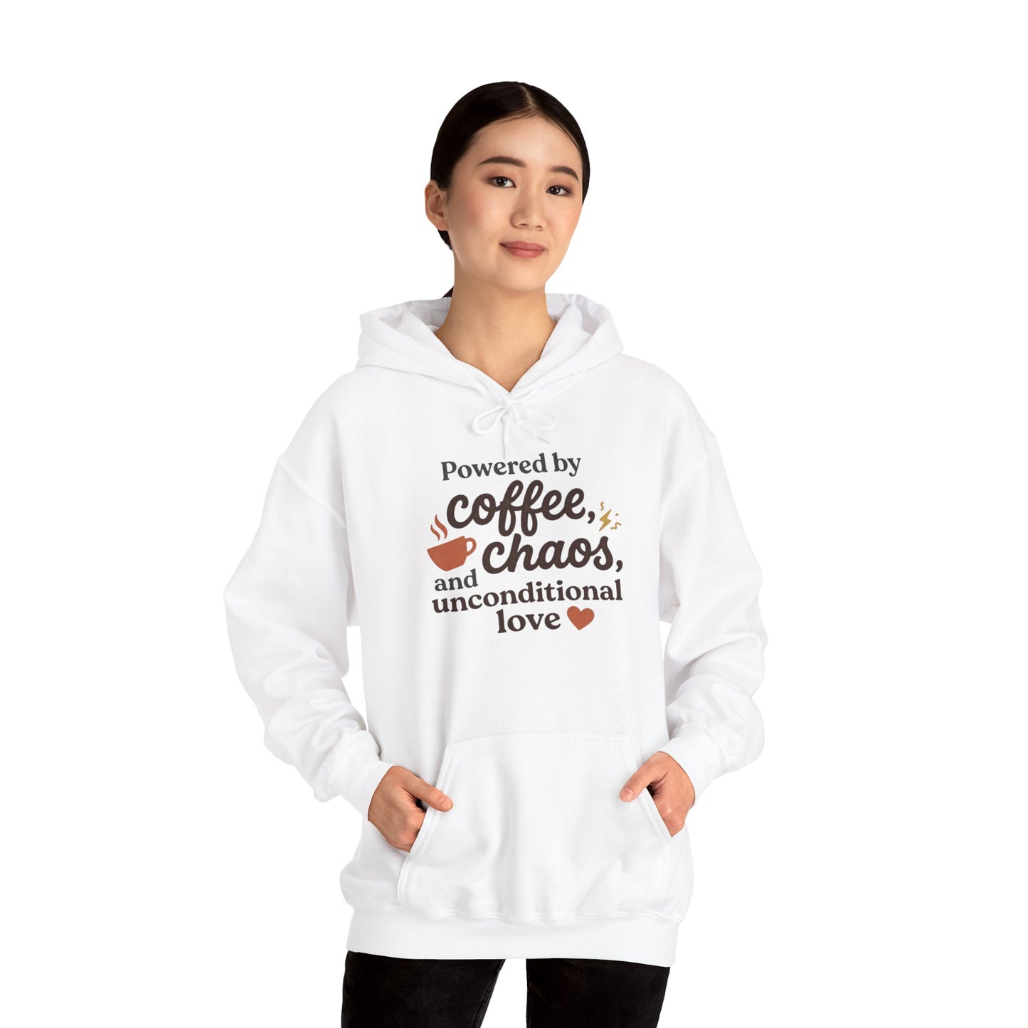 Hoodie — "Powered by Coffee, Chaos, and Unconditional Love" Cozy Graphic Pullover