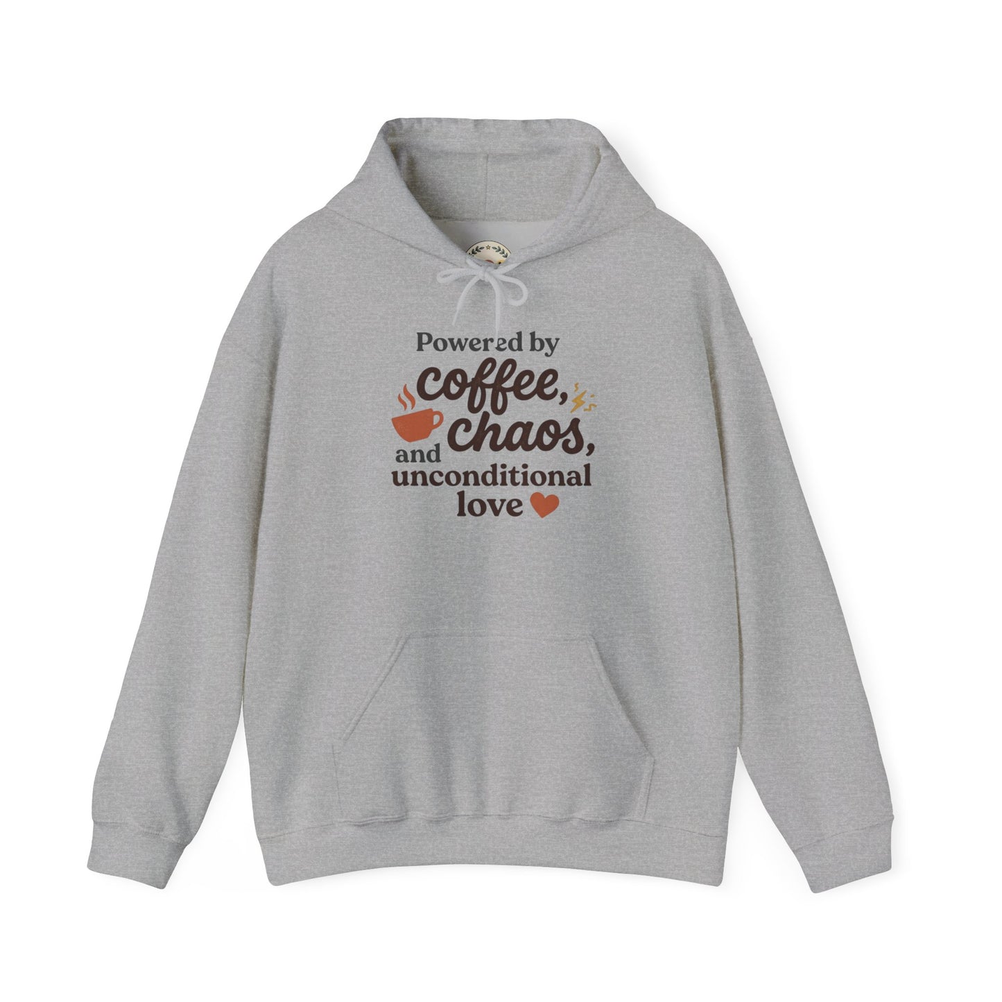 Hoodie — "Powered by Coffee, Chaos, and Unconditional Love" Cozy Graphic Pullover