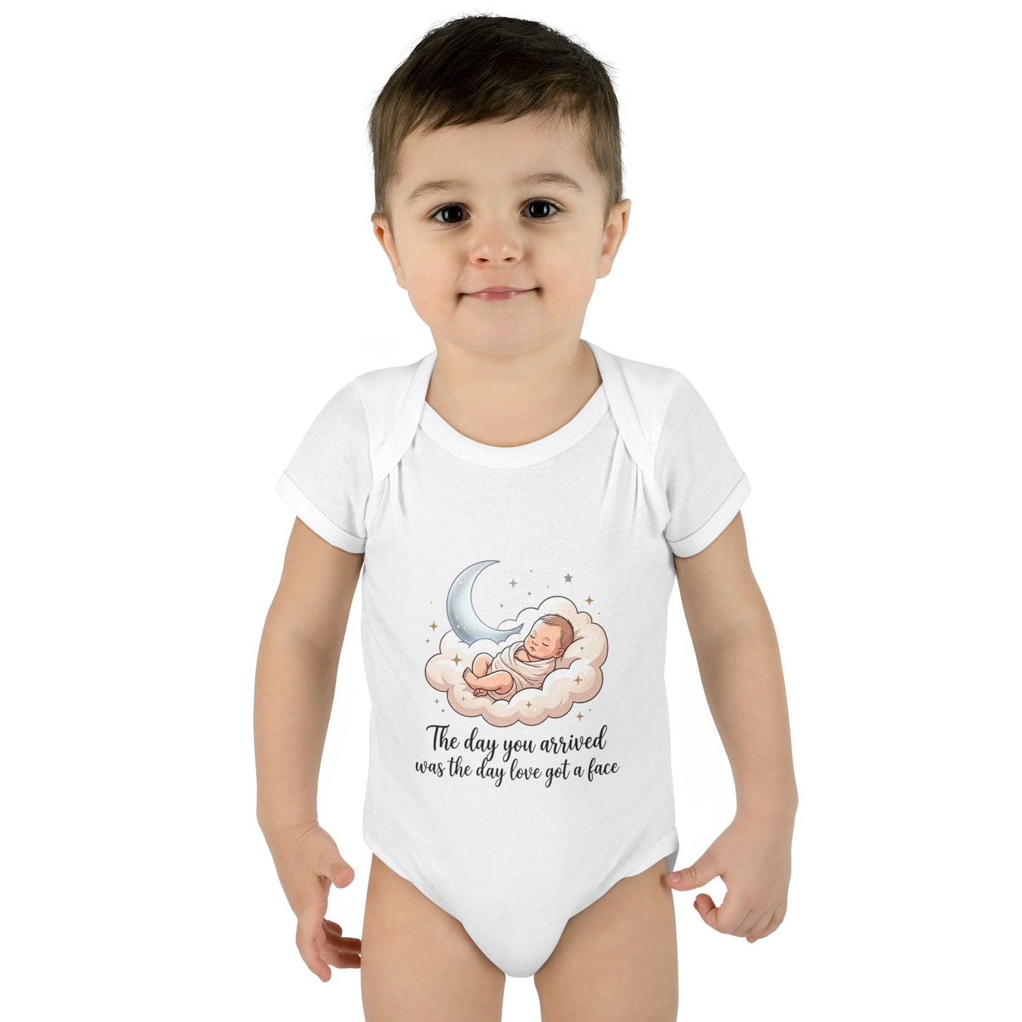 Infant Bodysuit — "The day you arrived was the day love got a face" Cute Sleeping Baby Moon Design