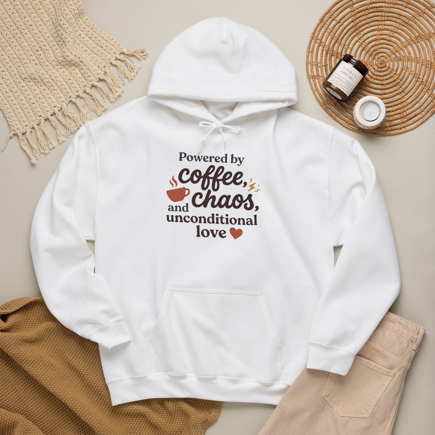 Hoodie — "Powered by Coffee, Chaos, and Unconditional Love" Cozy Graphic Pullover