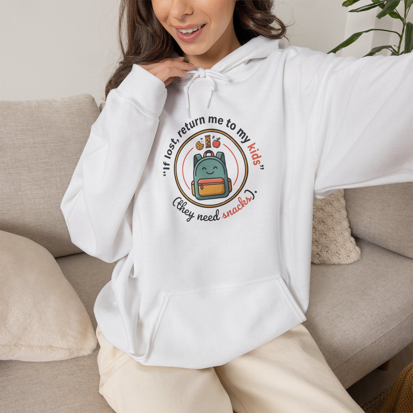 Hoodie — "If Lost, Return Me to My Kids (They need snacks)" Cute Kawaii Backpack Graphic
