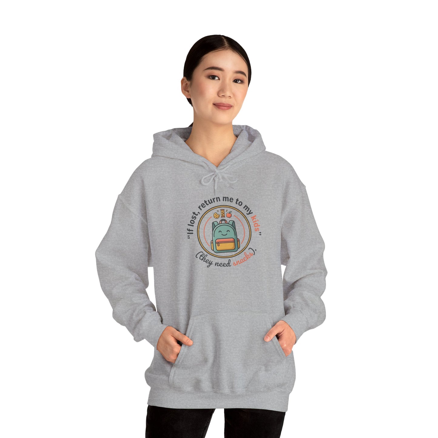 Hoodie — "If Lost, Return Me to My Kids (They need snacks)" Cute Kawaii Backpack Graphic