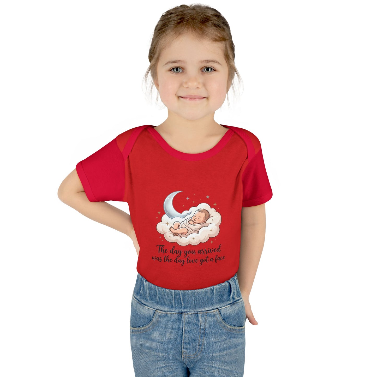 Infant Bodysuit — "The day you arrived was the day love got a face" Cute Sleeping Baby Moon Design