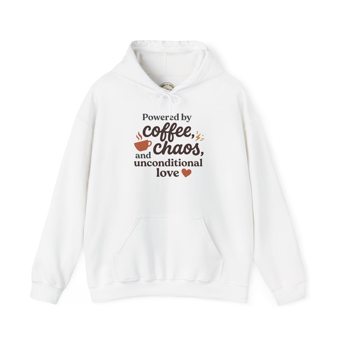 Hoodie — "Powered by Coffee, Chaos, and Unconditional Love" Cozy Graphic Pullover