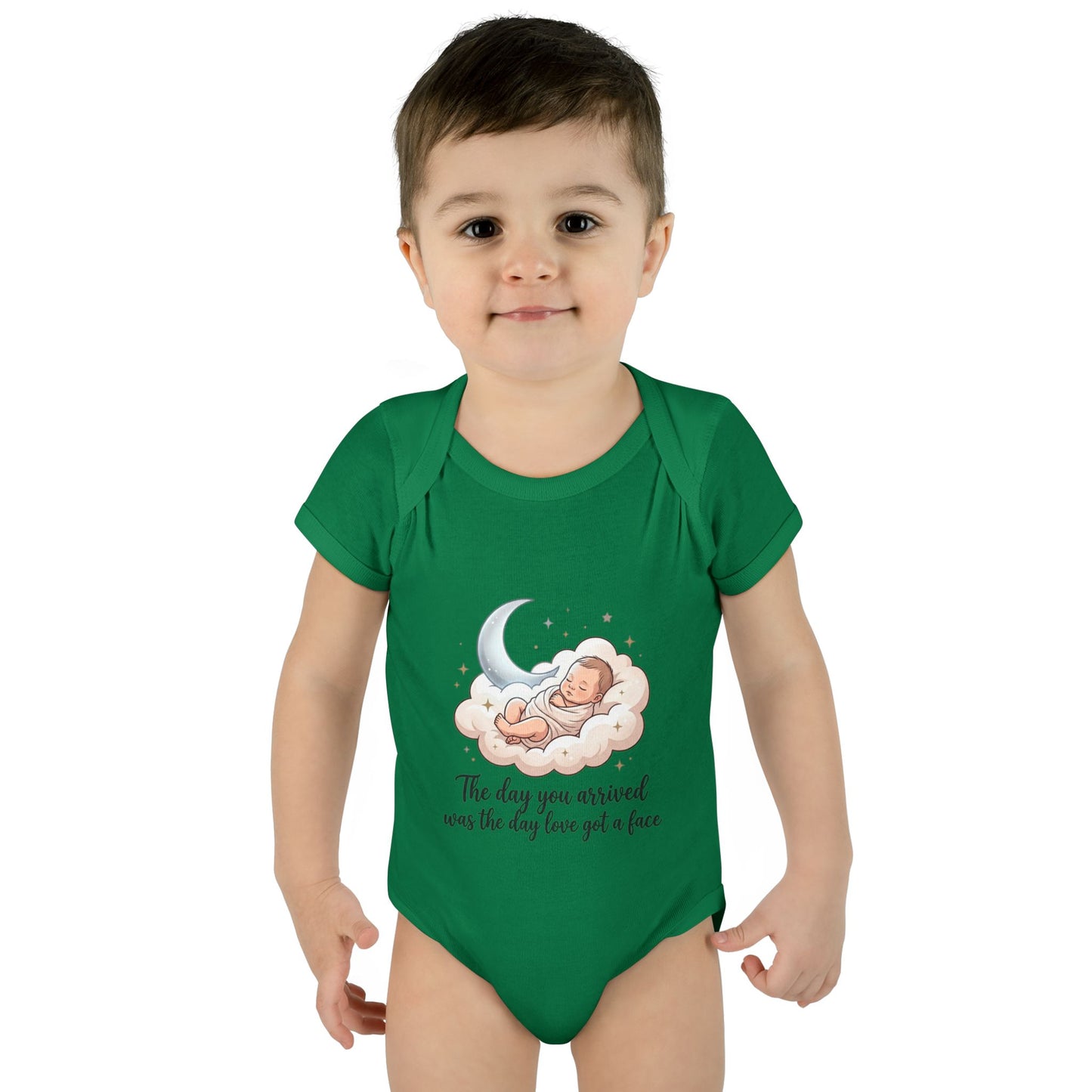 Infant Bodysuit — "The day you arrived was the day love got a face" Cute Sleeping Baby Moon Design