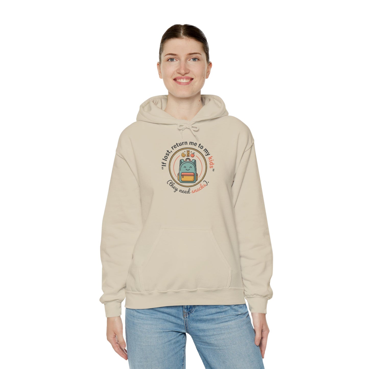 Hoodie — "If Lost, Return Me to My Kids (They need snacks)" Cute Kawaii Backpack Graphic