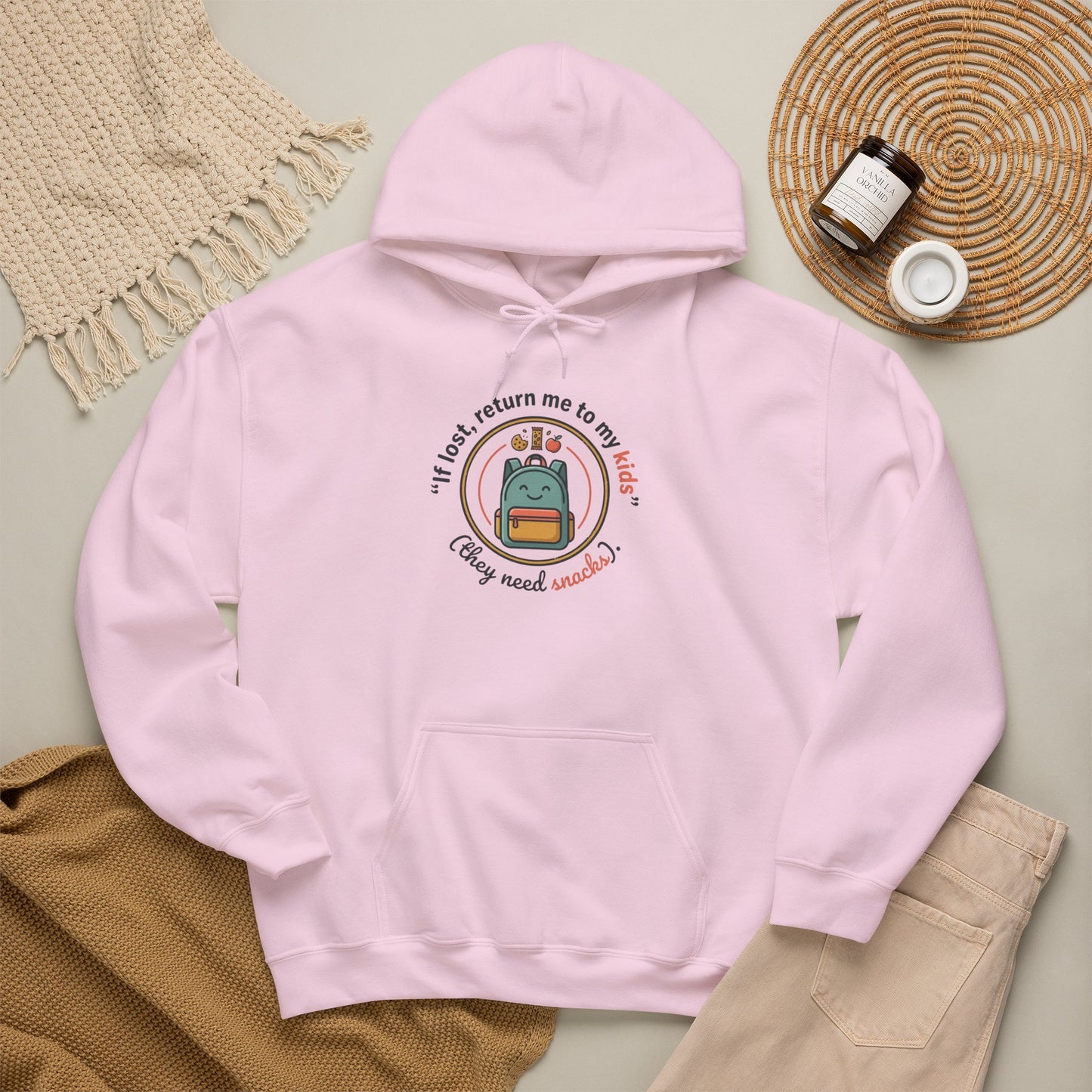 Hoodie — "If Lost, Return Me to My Kids (They need snacks)" Cute Kawaii Backpack Graphic