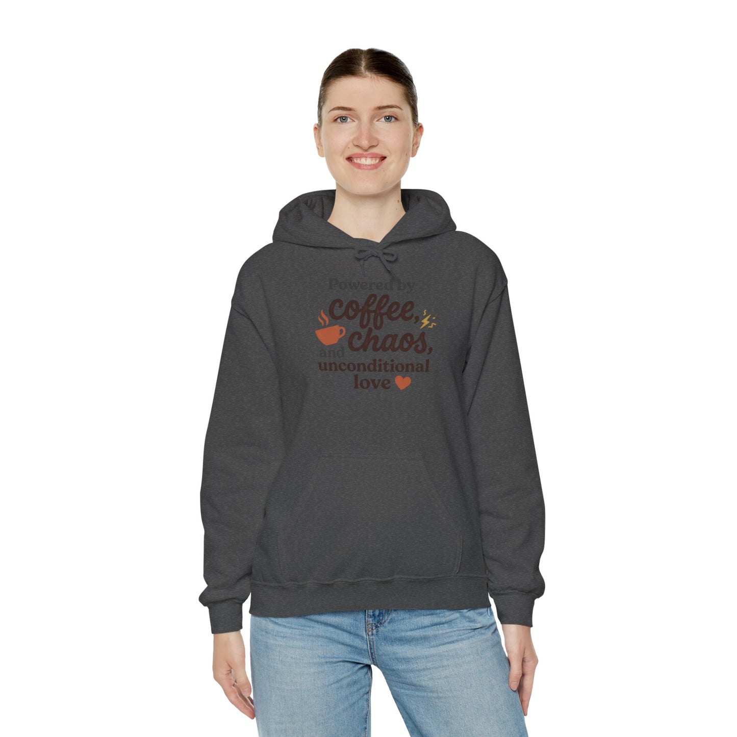 Hoodie — "Powered by Coffee, Chaos, and Unconditional Love" Cozy Graphic Pullover