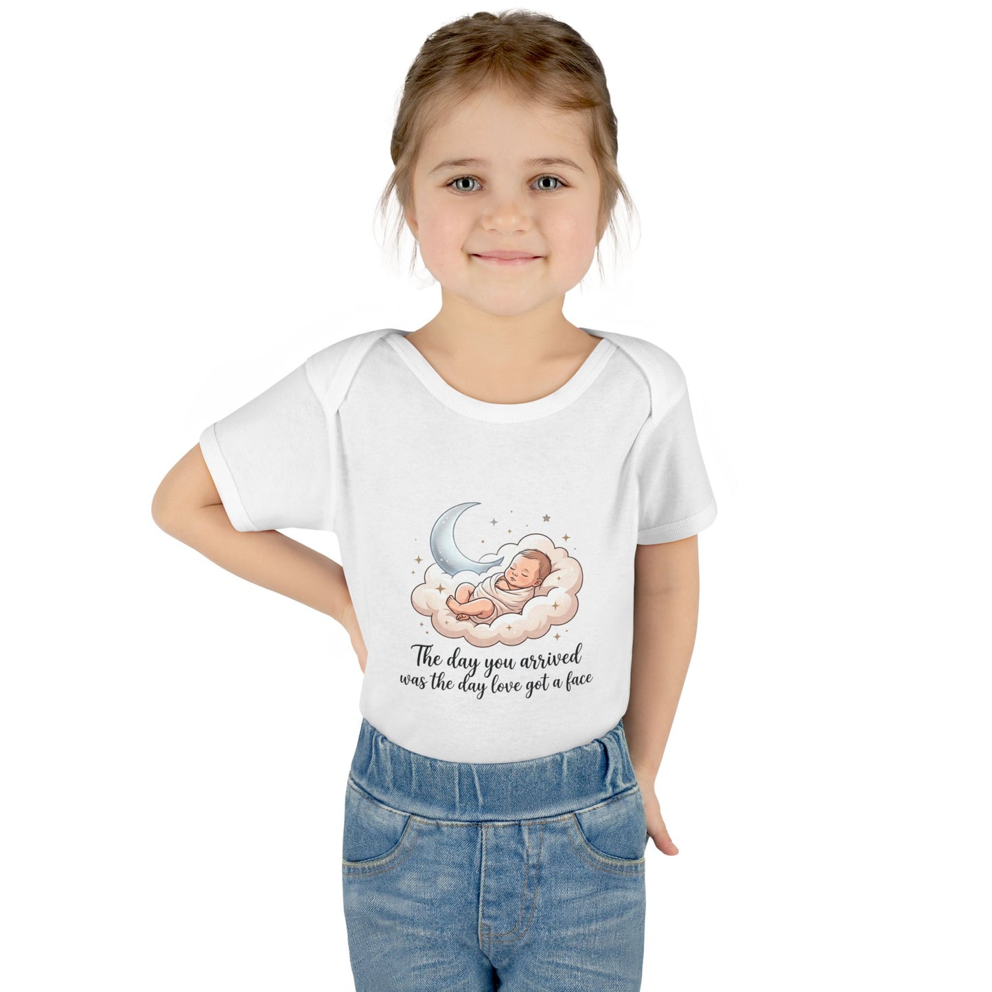 Infant Bodysuit — "The day you arrived was the day love got a face" Cute Sleeping Baby Moon Design