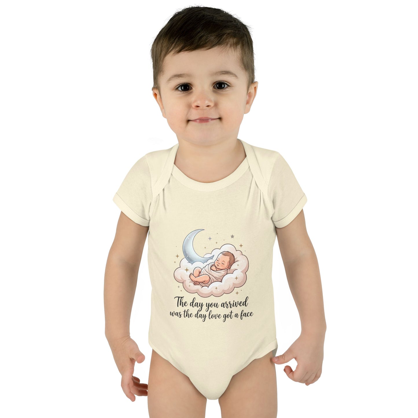 Infant Bodysuit — "The day you arrived was the day love got a face" Cute Sleeping Baby Moon Design