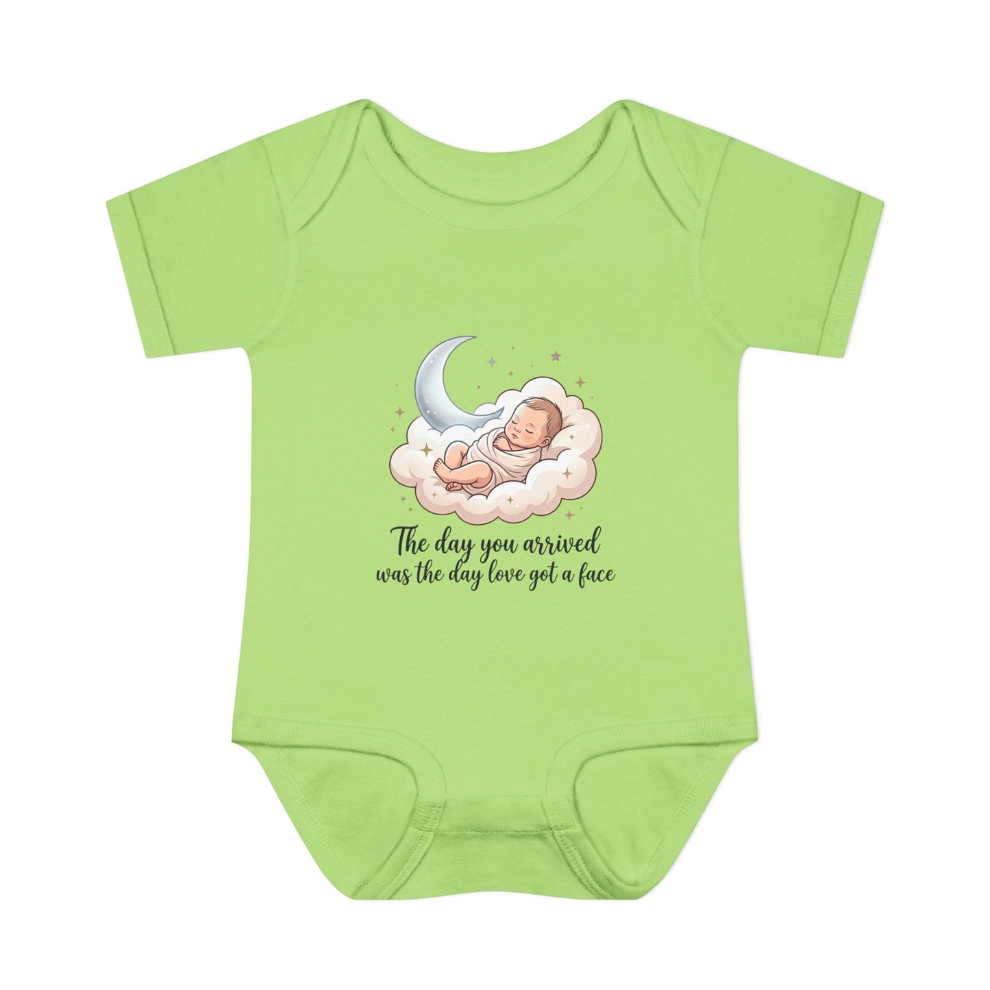 Infant Bodysuit — "The day you arrived was the day love got a face" Cute Sleeping Baby Moon Design